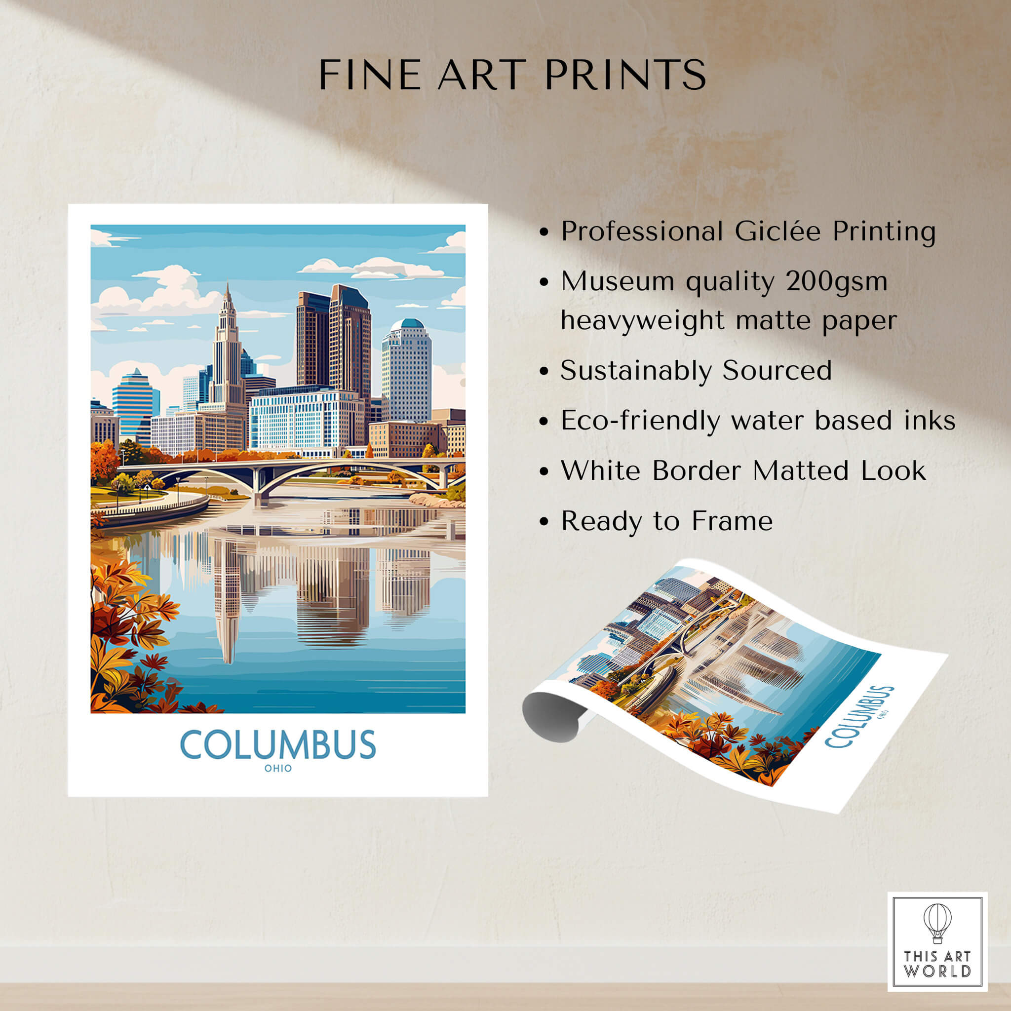 Columbus Ohio Wall Art – Cityscape Canvas Print showcasing Columbus skyline and landmarks in vibrant colors.