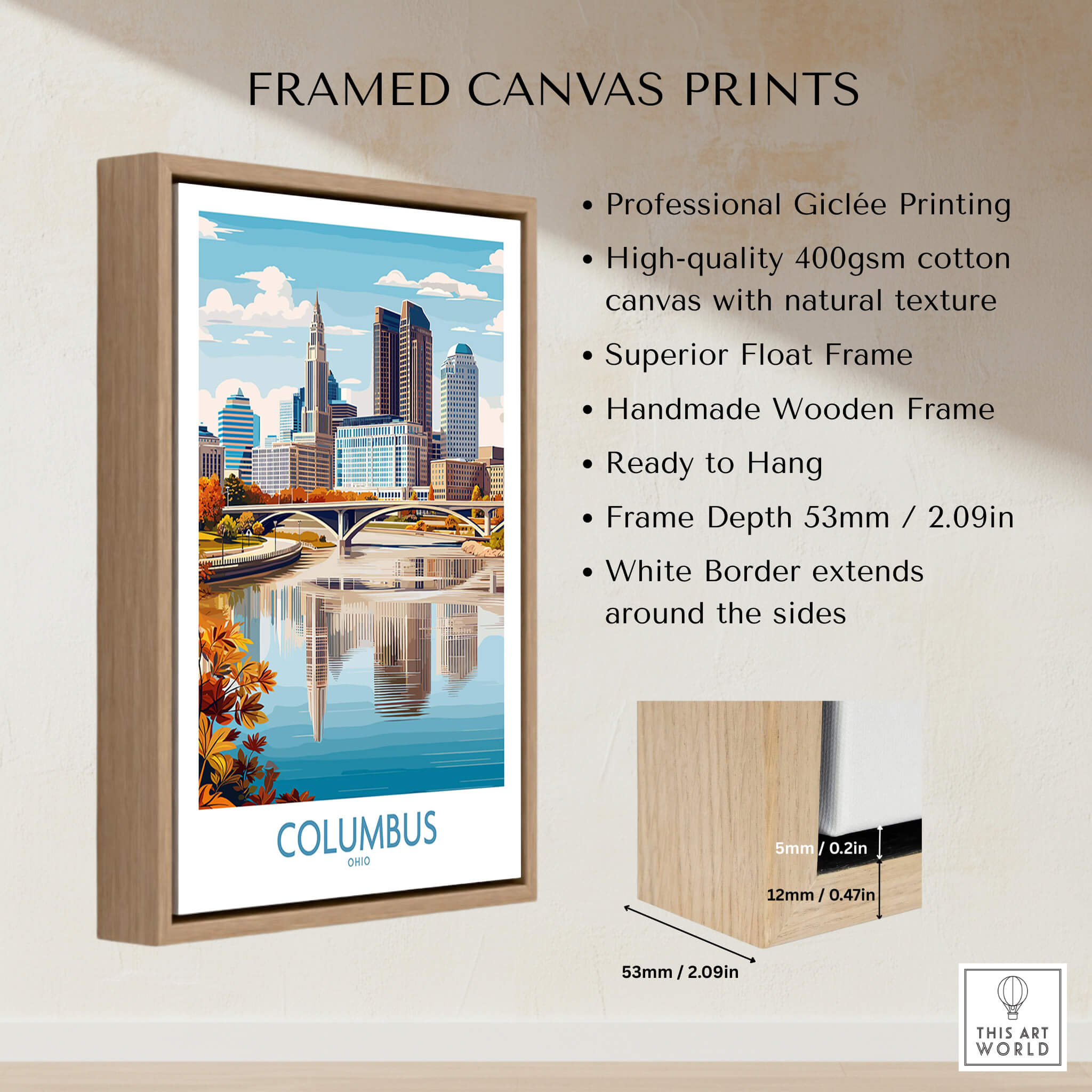 Columbus Ohio Wall Art – Cityscape Canvas Print showcasing a vibrant skyline with a framed design.