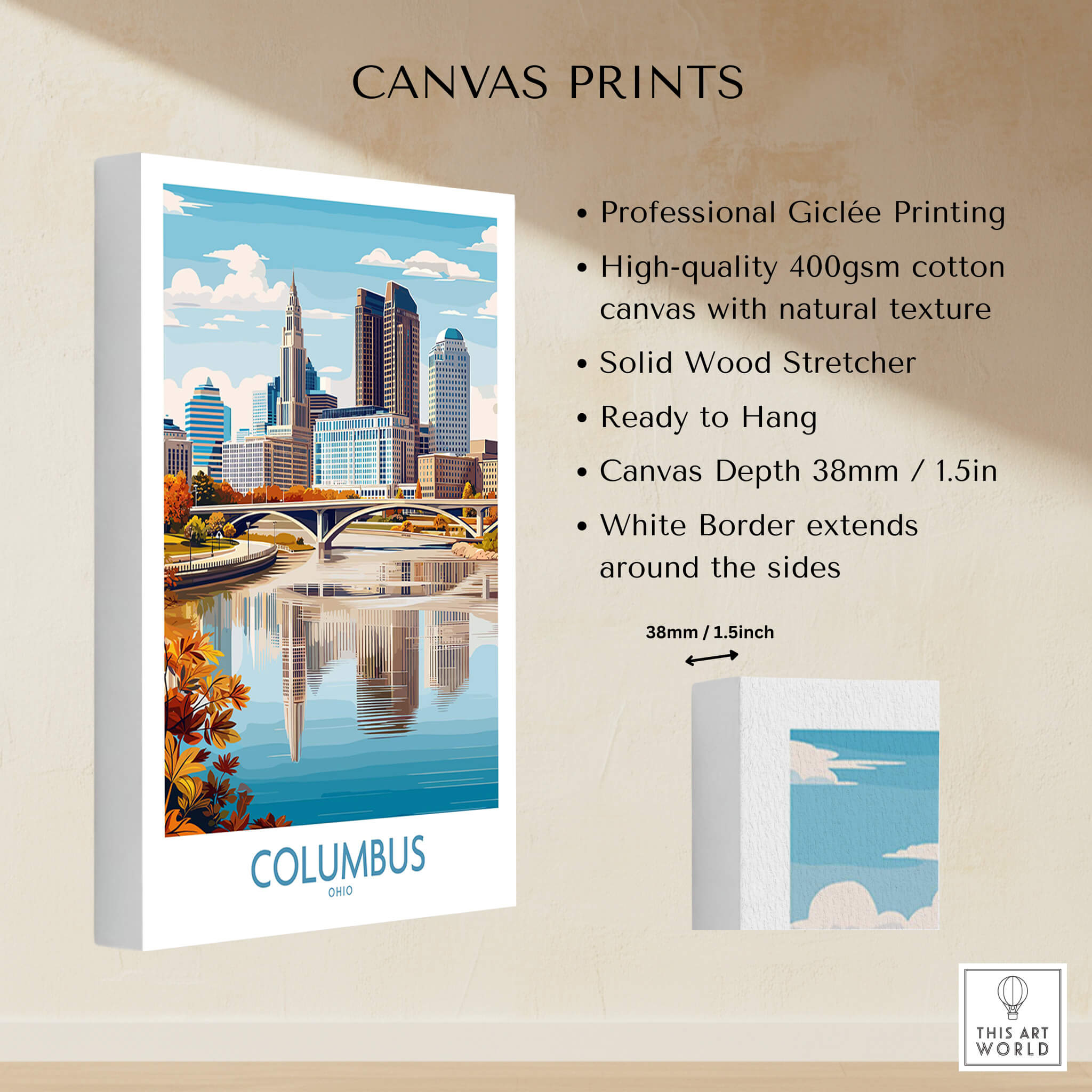 Columbus Ohio Wall Art – Cityscape Canvas Print showcasing architectural landmarks and skyline views