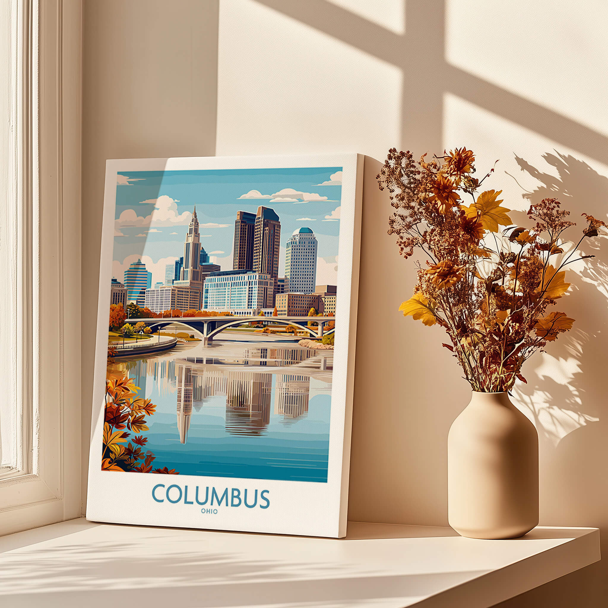 Columbus Ohio Wall Art – Cityscape Canvas Print featuring a vibrant skyline reflection in a modern setting.
