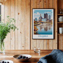Columbus Ohio Wall Art – Cityscape Canvas Print displayed in a cozy interior with wood accents and a view of the skyline.