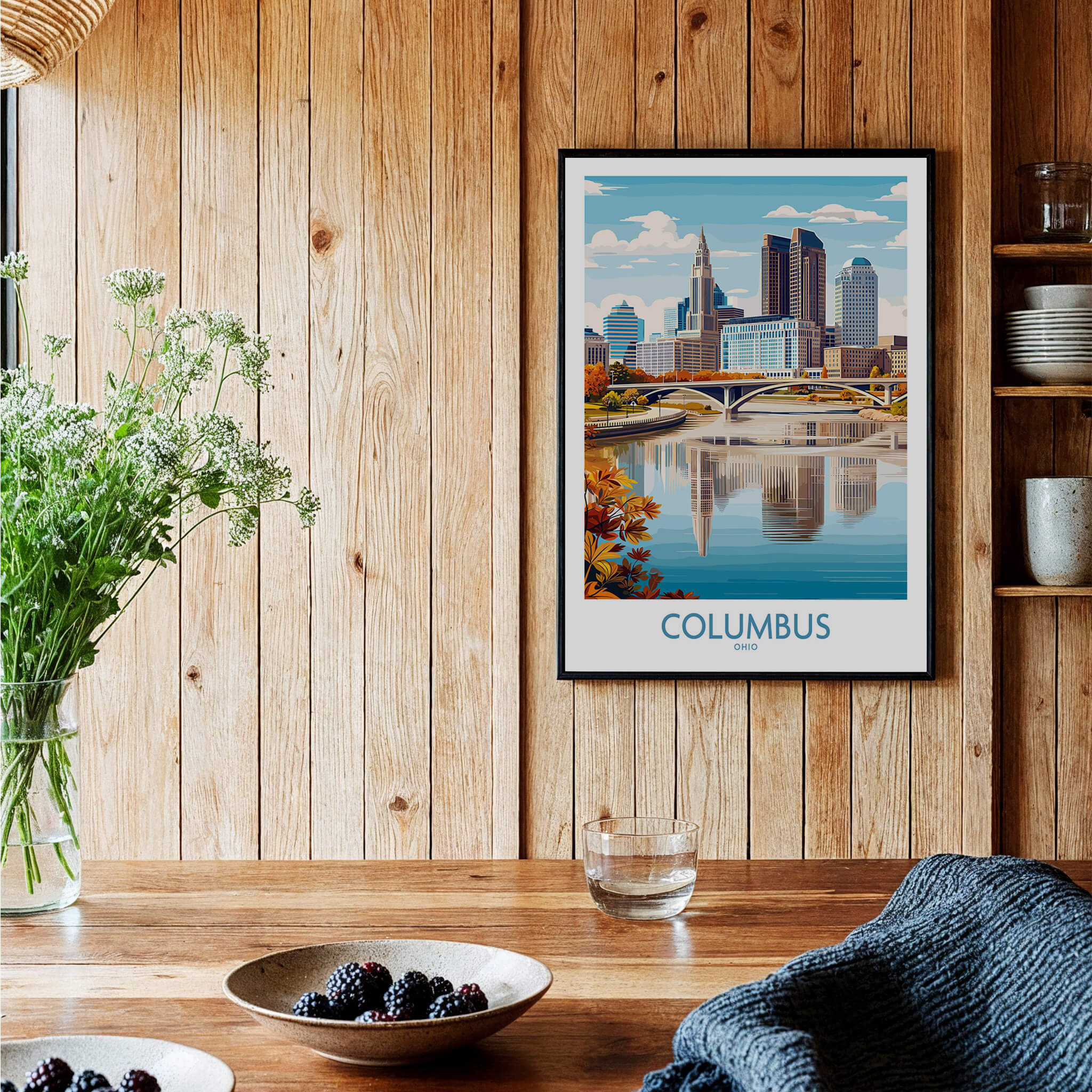 Columbus Ohio Wall Art – Cityscape Canvas Print displayed in a cozy interior with wood accents and a view of the skyline.