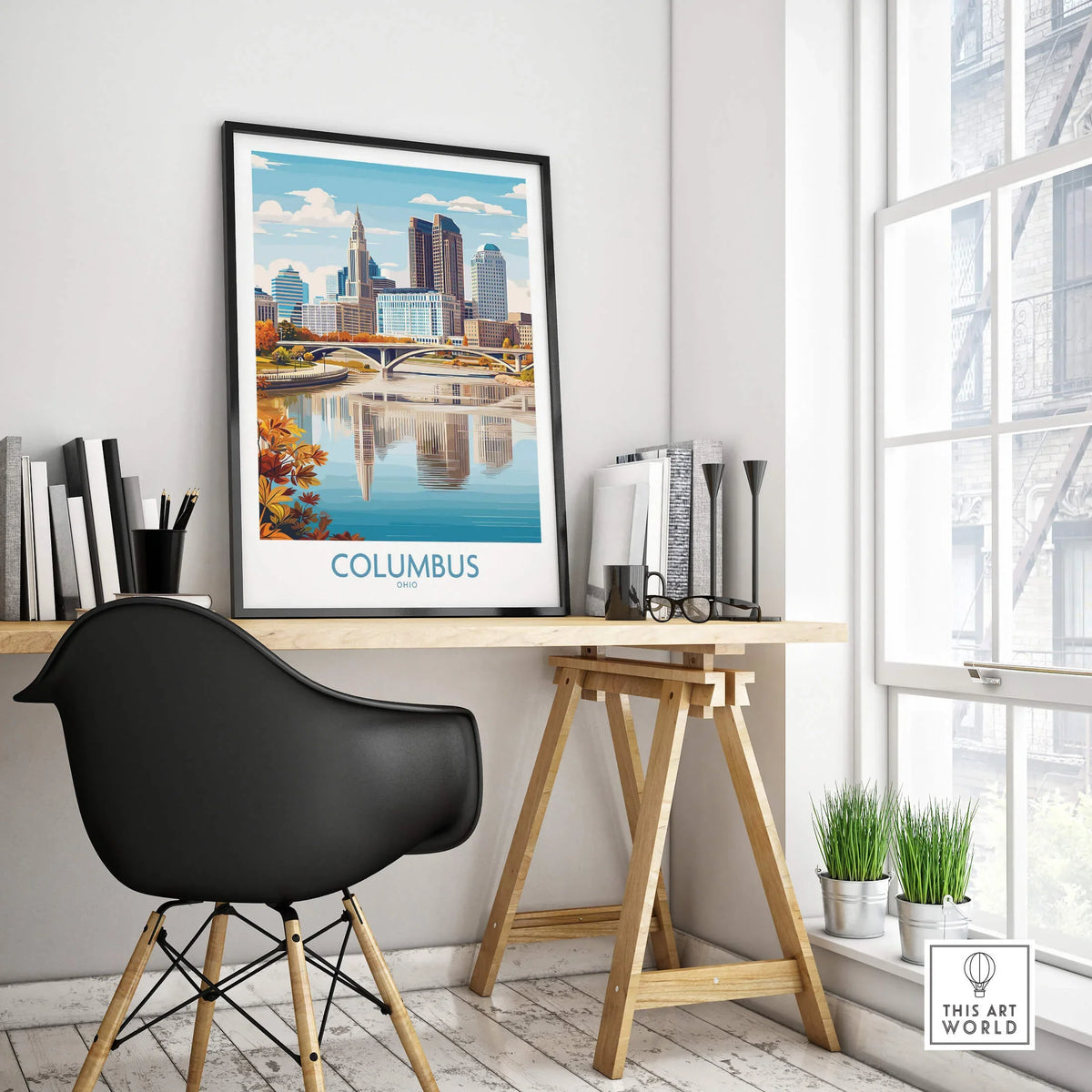 Columbus Ohio Wall Art – Cityscape Canvas Print showcasing skyline and urban landscape in a modern workspace.