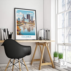 Columbus Ohio Wall Art – Cityscape Canvas Print showcasing skyline and urban landscape in a modern workspace.