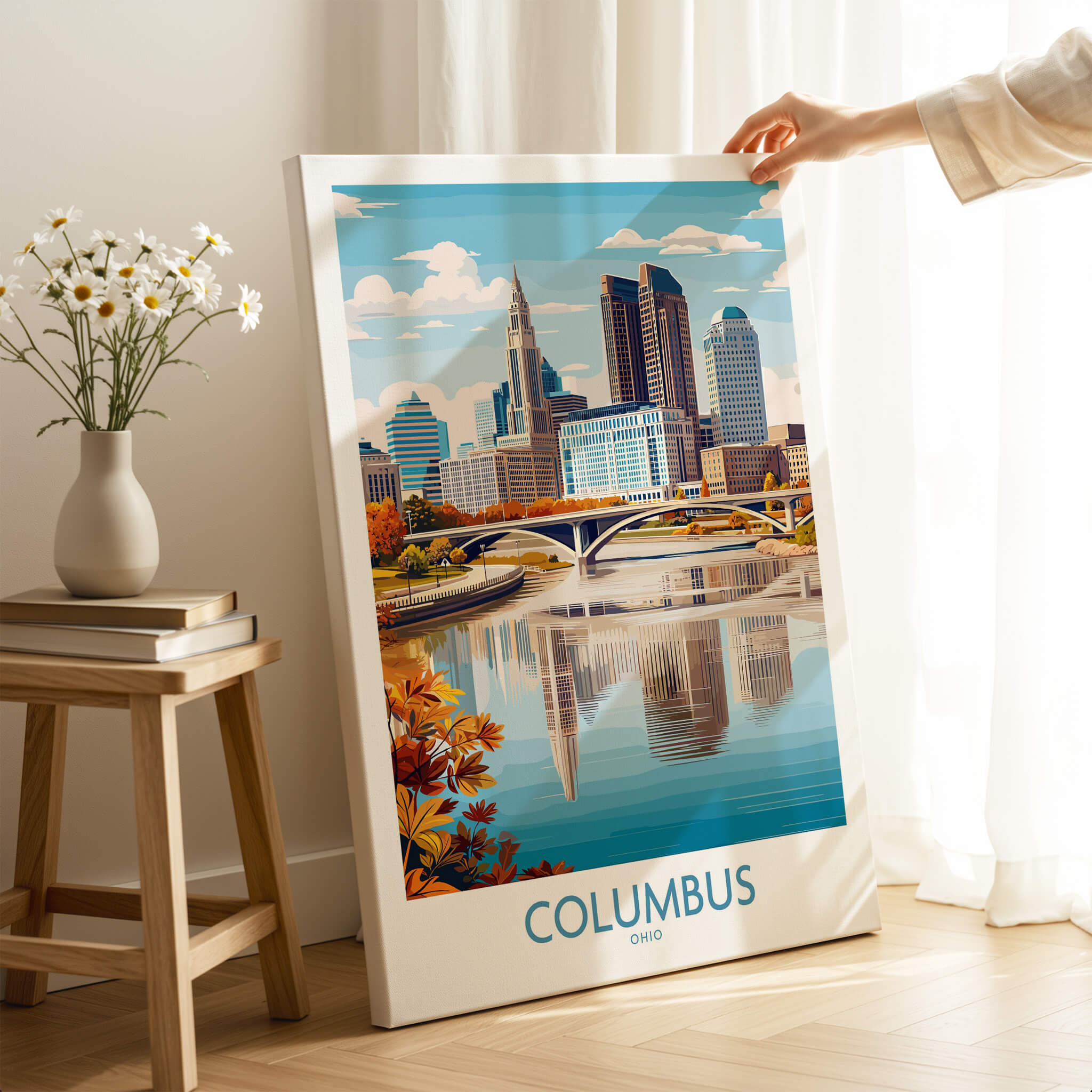 Columbus Ohio Wall Art – Cityscape Canvas Print featuring urban skyline and river reflections.