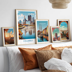Columbus Ohio Wall Art – Cityscape Canvas Print featuring framed cityscapes on a stylish wall.