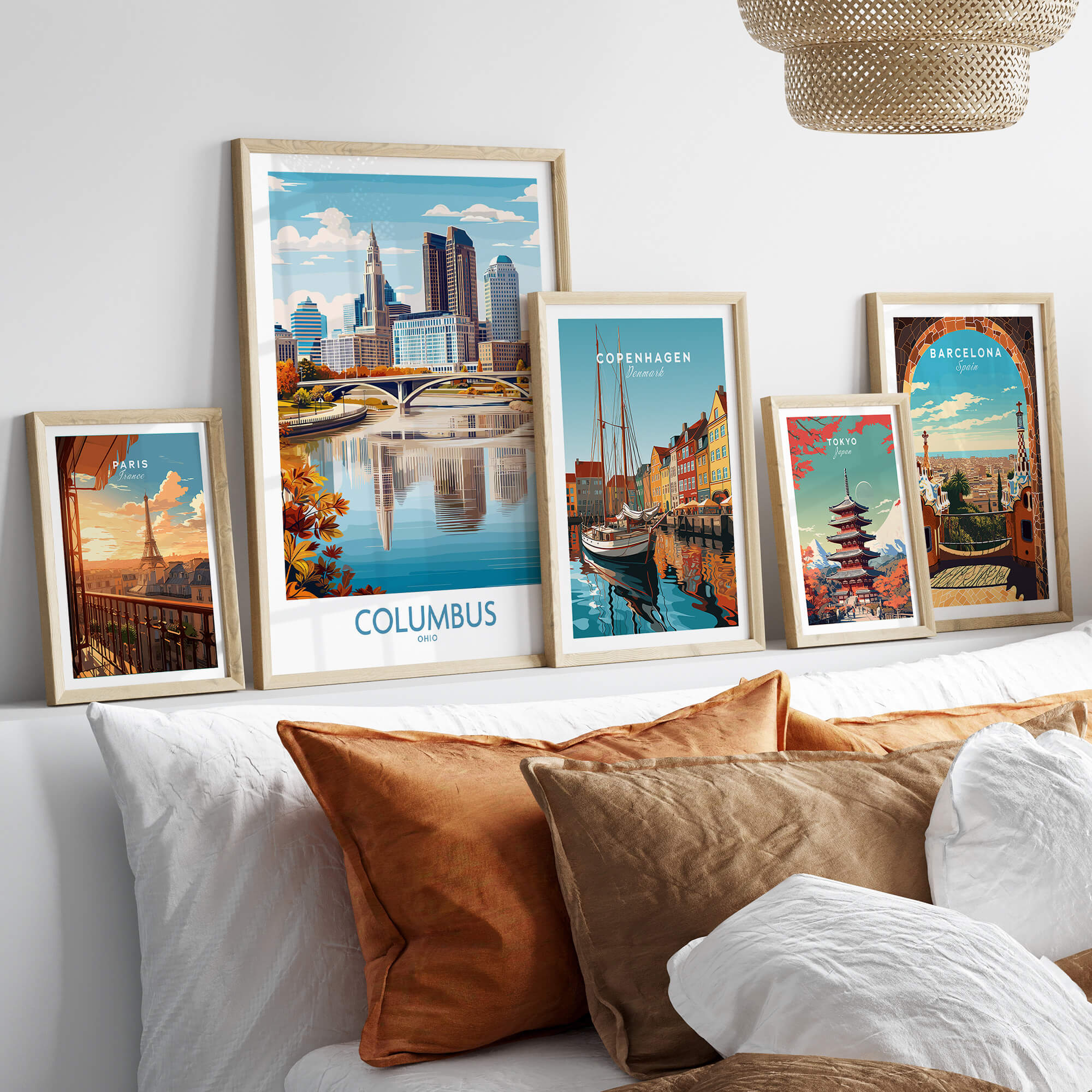 Columbus Ohio Wall Art – Cityscape Canvas Print featuring framed cityscapes on a stylish wall.