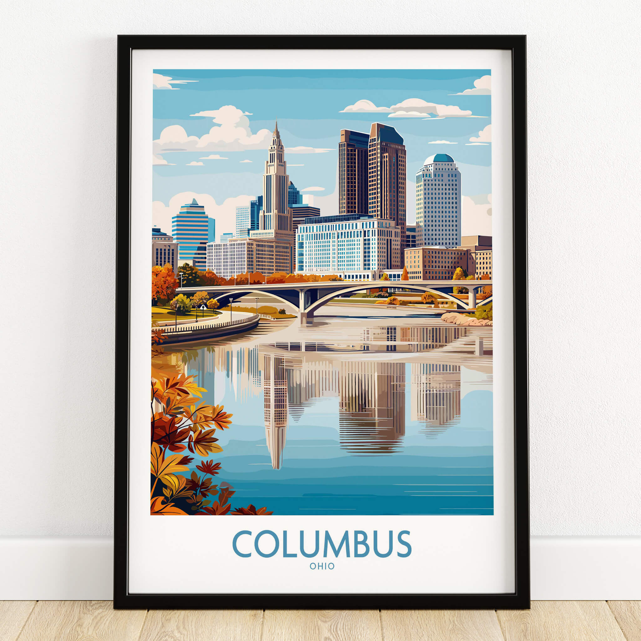 Columbus Ohio Wall Art – Cityscape Canvas Print showcasing the skyline and river reflection in Columbus, Ohio.