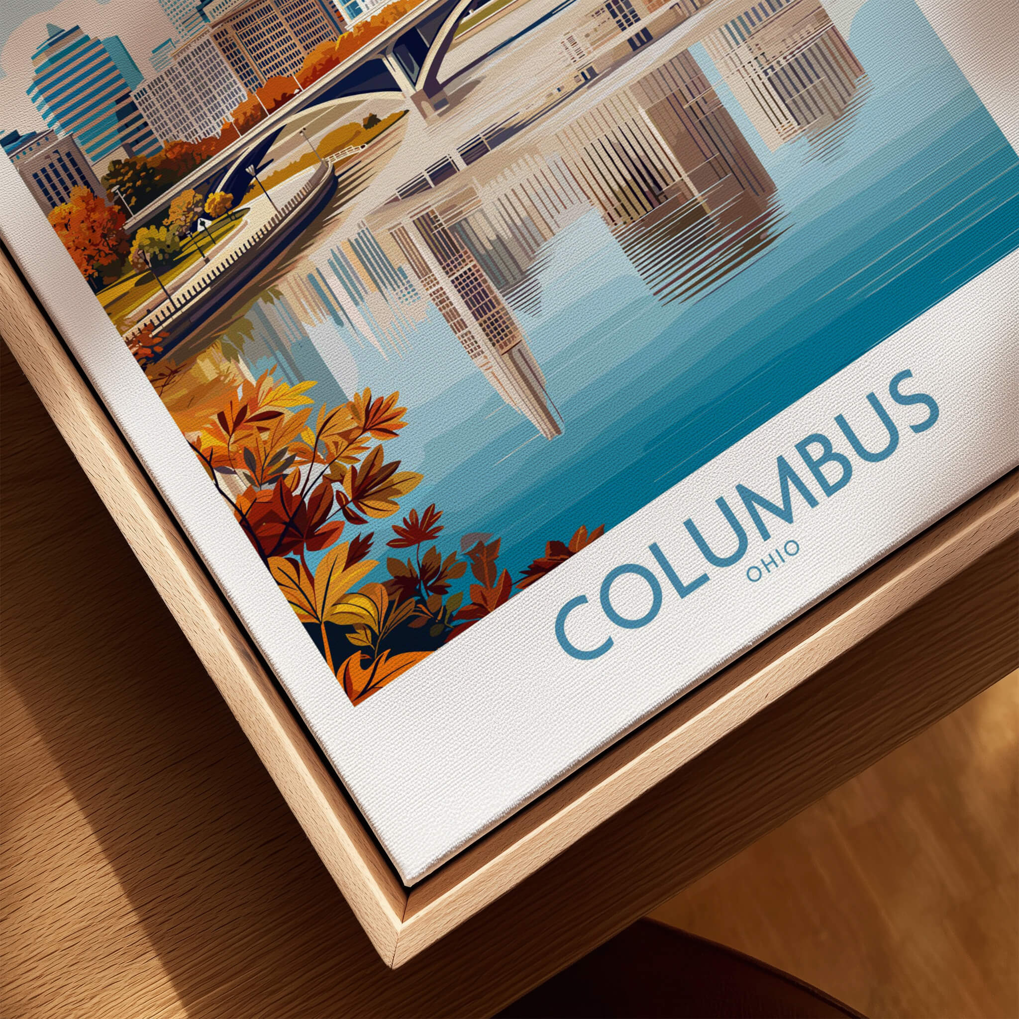 Columbus Ohio Wall Art – Cityscape Canvas Print showcasing a vibrant autumn scene with reflections in the water.