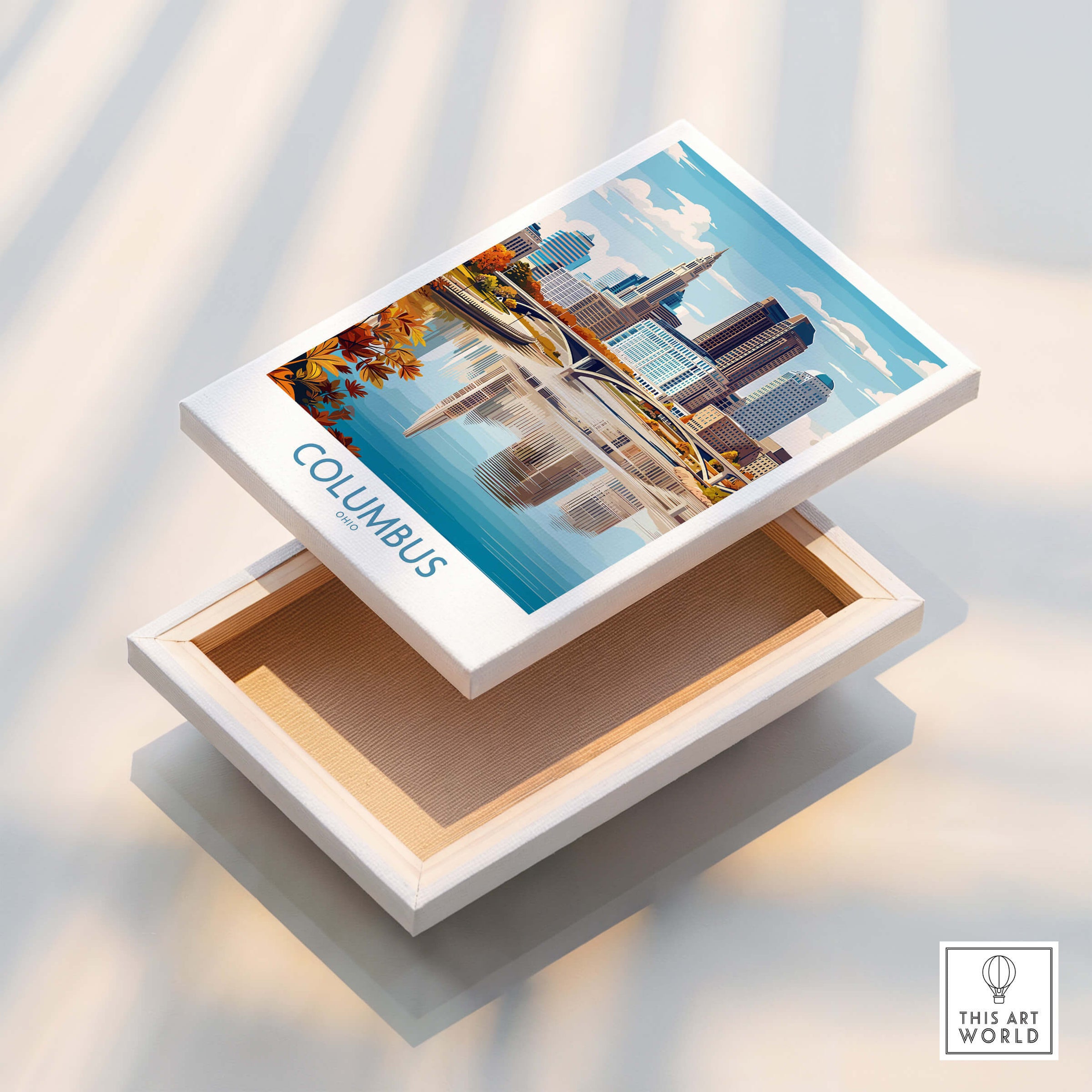 Columbus Ohio Wall Art – Cityscape Canvas Print showcasing the Columbus skyline and river view, perfect for home decor.