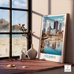 Columbus Ohio Wall Art – Cityscape Canvas Print showcasing downtown skyline and river view in a modern home setting.