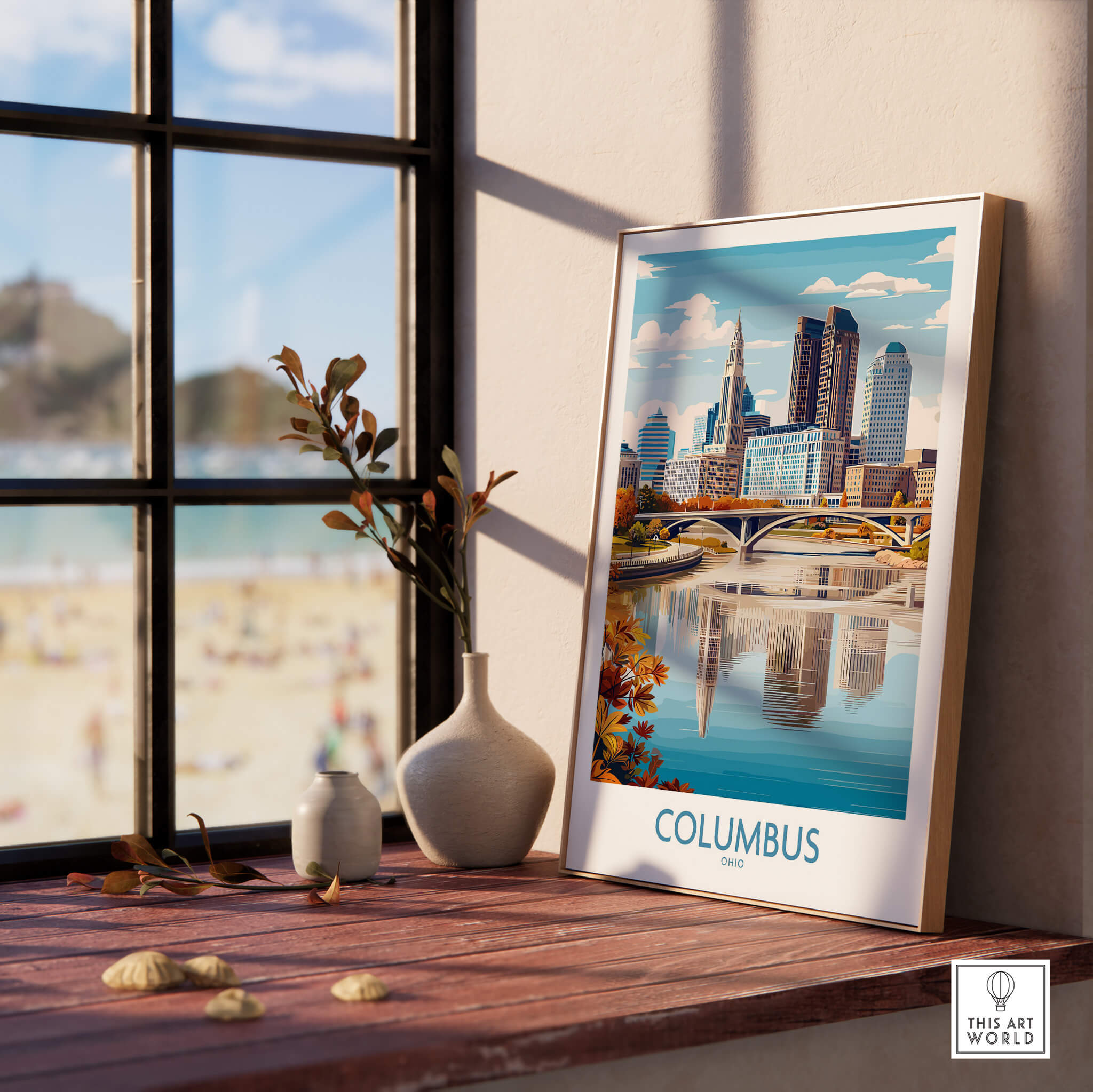 Columbus Ohio Wall Art – Cityscape Canvas Print showcasing downtown skyline and river view in a modern home setting.