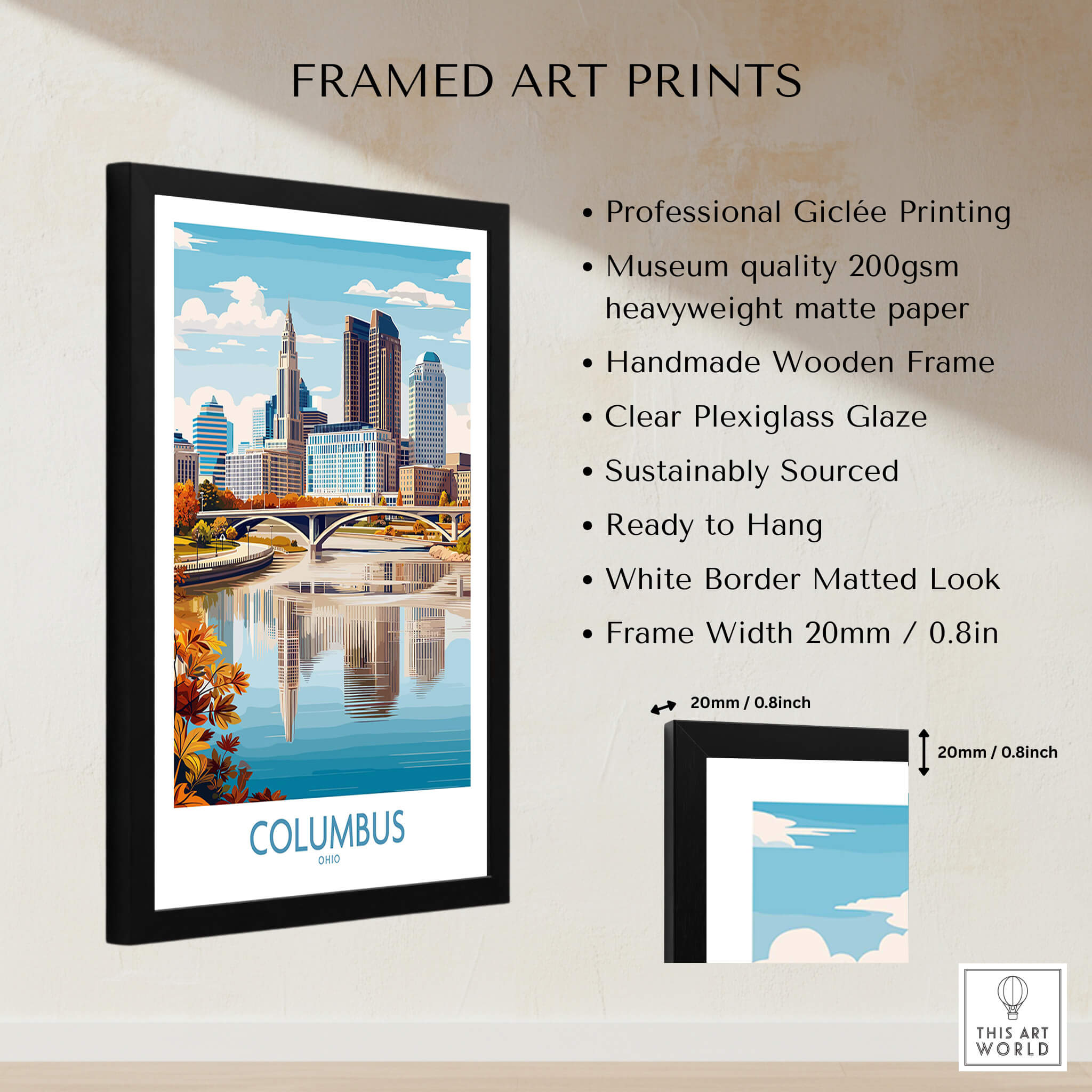 Columbus Ohio Wall Art – Cityscape Canvas Print showcasing urban scenery with professionally framed design.