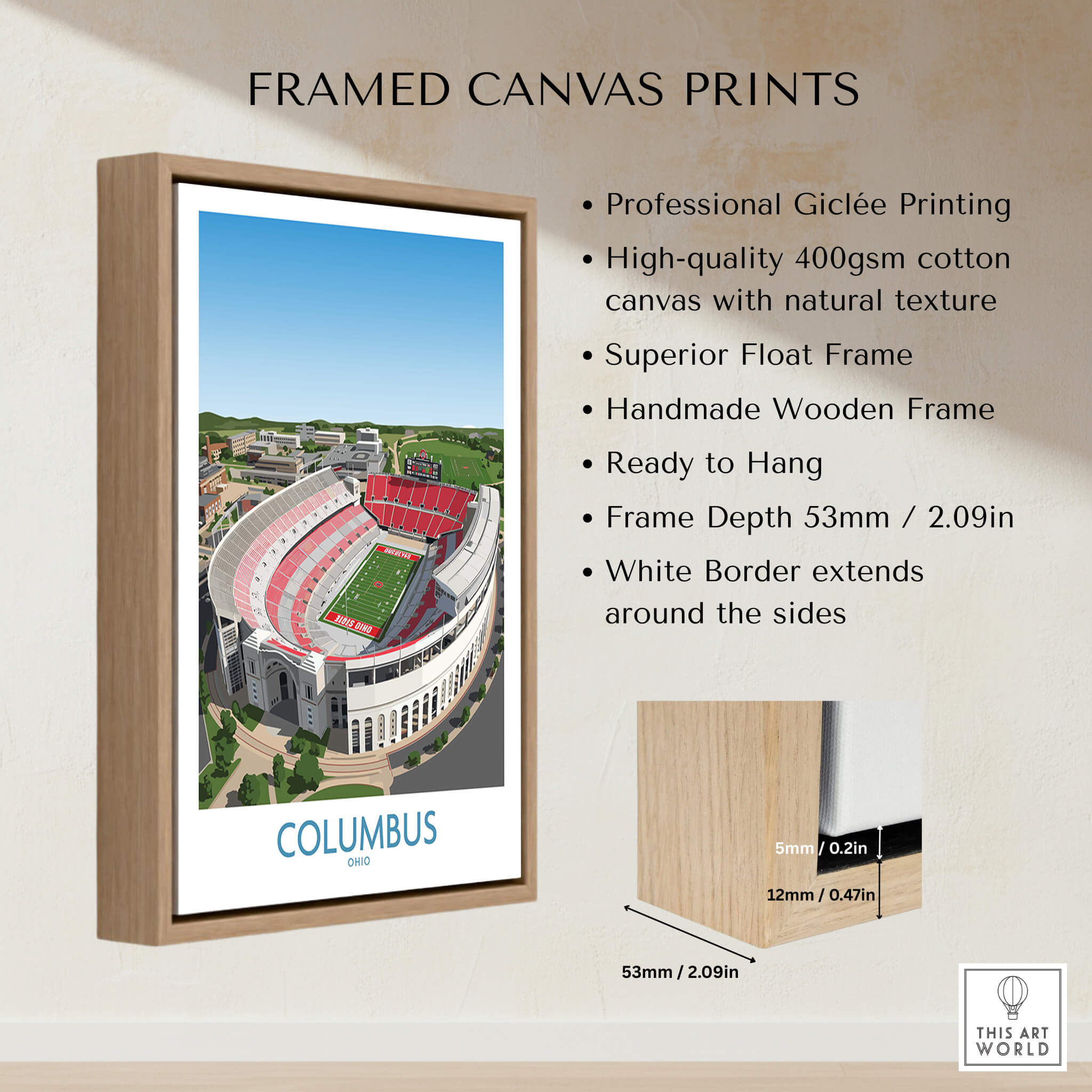 Columbus Ohio Wall Art – Collegiate Football Stadium Sports Decor framed print showcasing iconic stadium design.