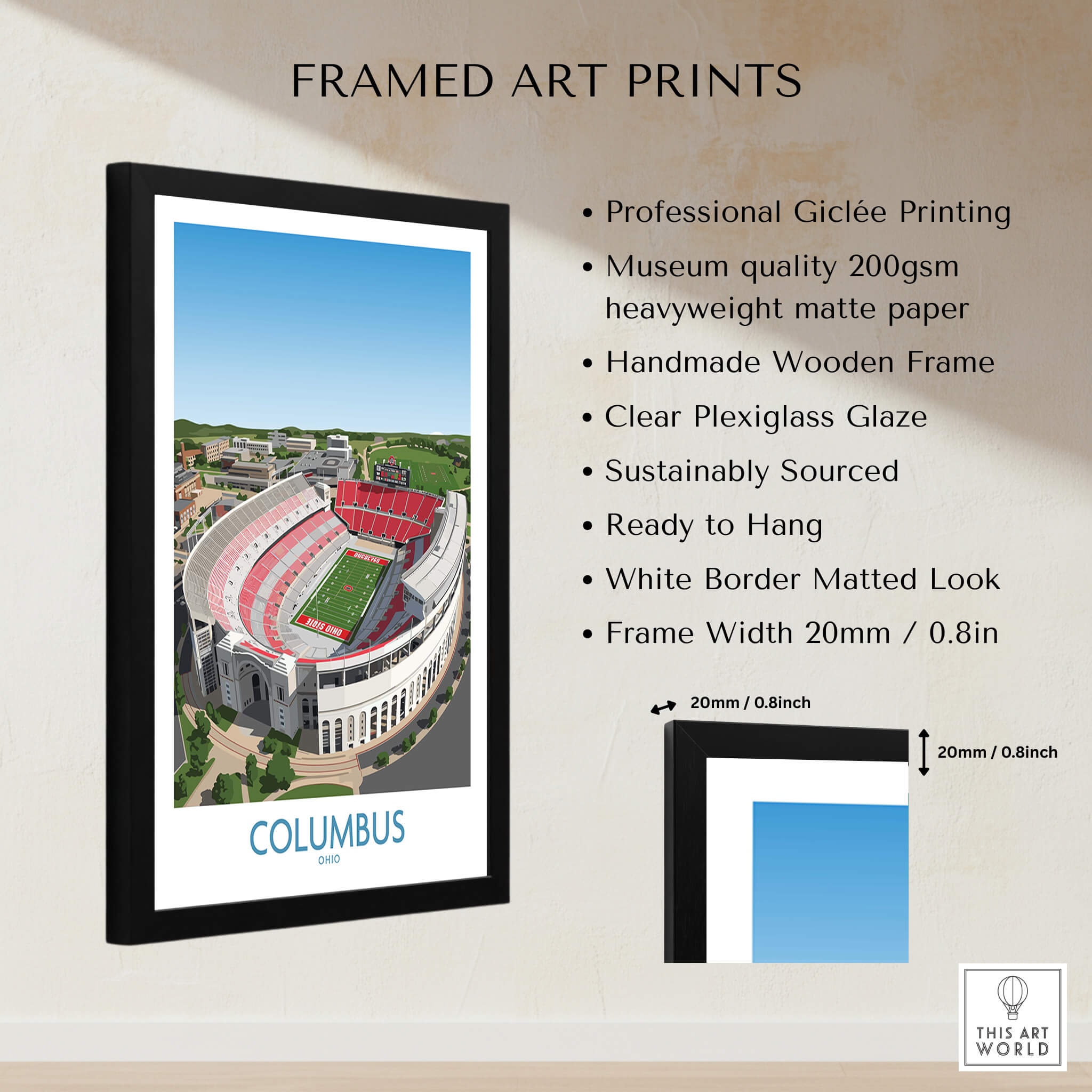 Columbus Ohio Wall Art – Collegiate Football Stadium Sports Decor framed art print showcasing a famous football stadium.