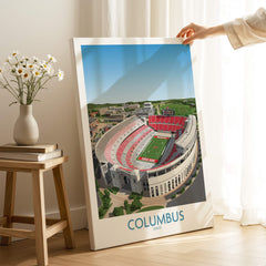 Columbus Ohio Wall Art – Collegiate Football Stadium Sports Decor featuring a vibrant stadium print in a cozy setting.