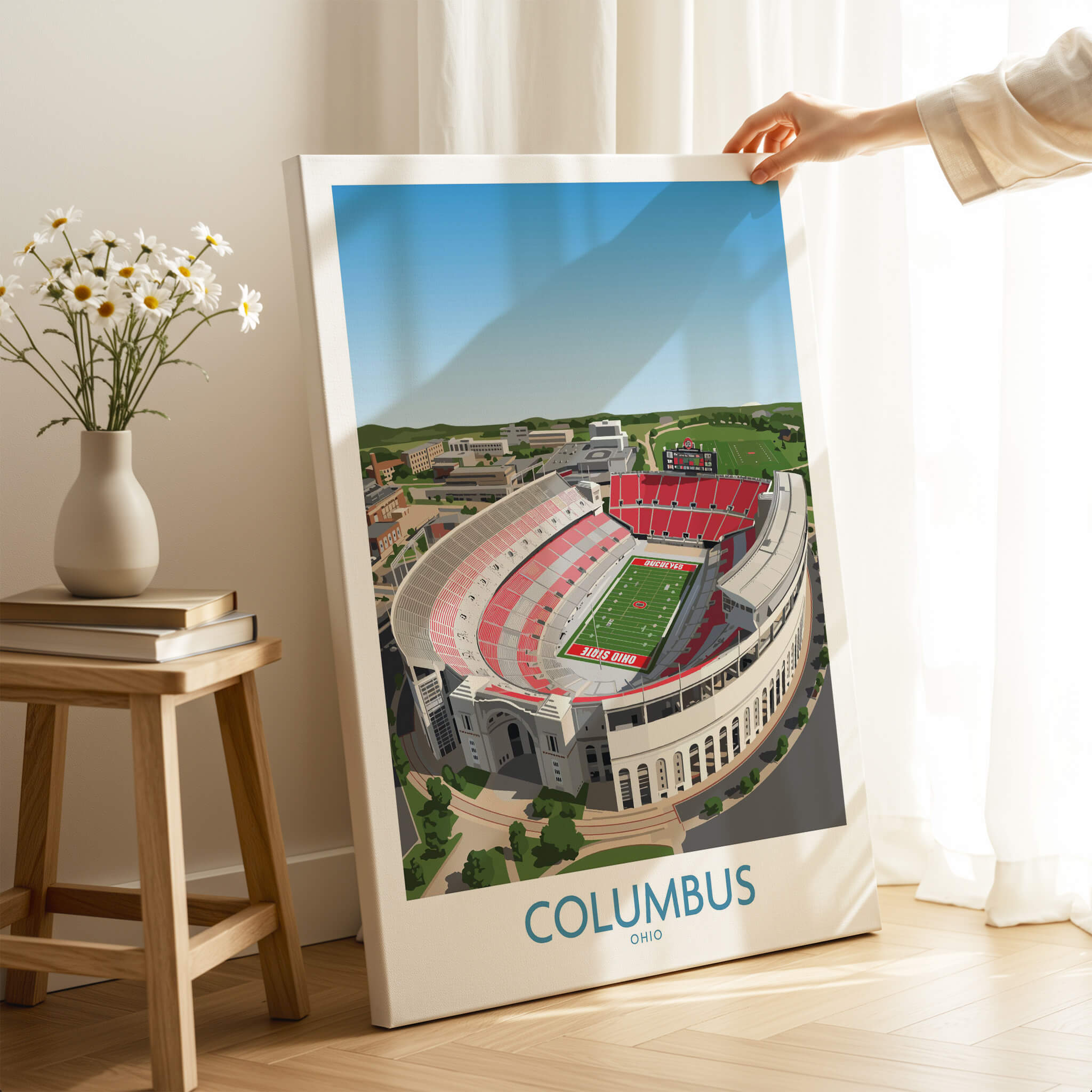 Columbus Ohio Wall Art – Collegiate Football Stadium Sports Decor featuring a vibrant stadium print in a cozy setting.