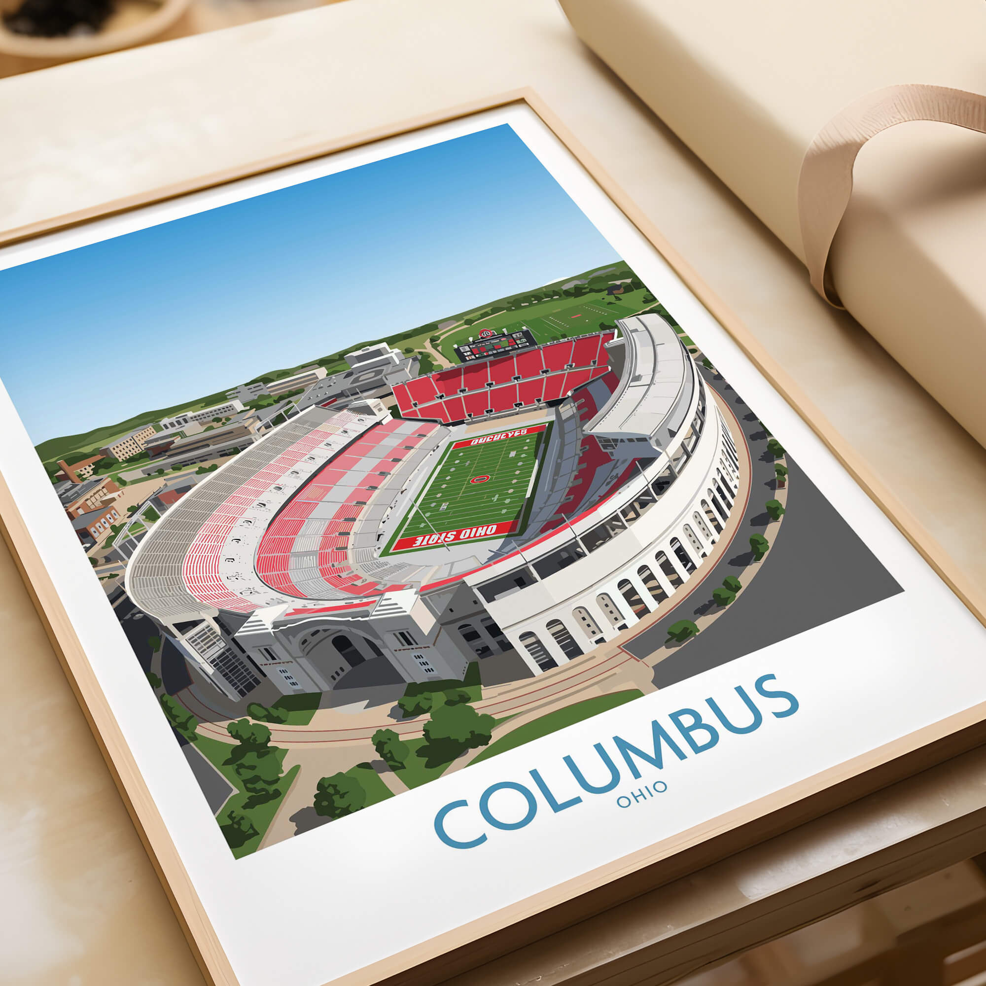 Columbus Ohio Wall Art – Collegiate Football Stadium Sports Decor featuring an aerial view of the stadium.