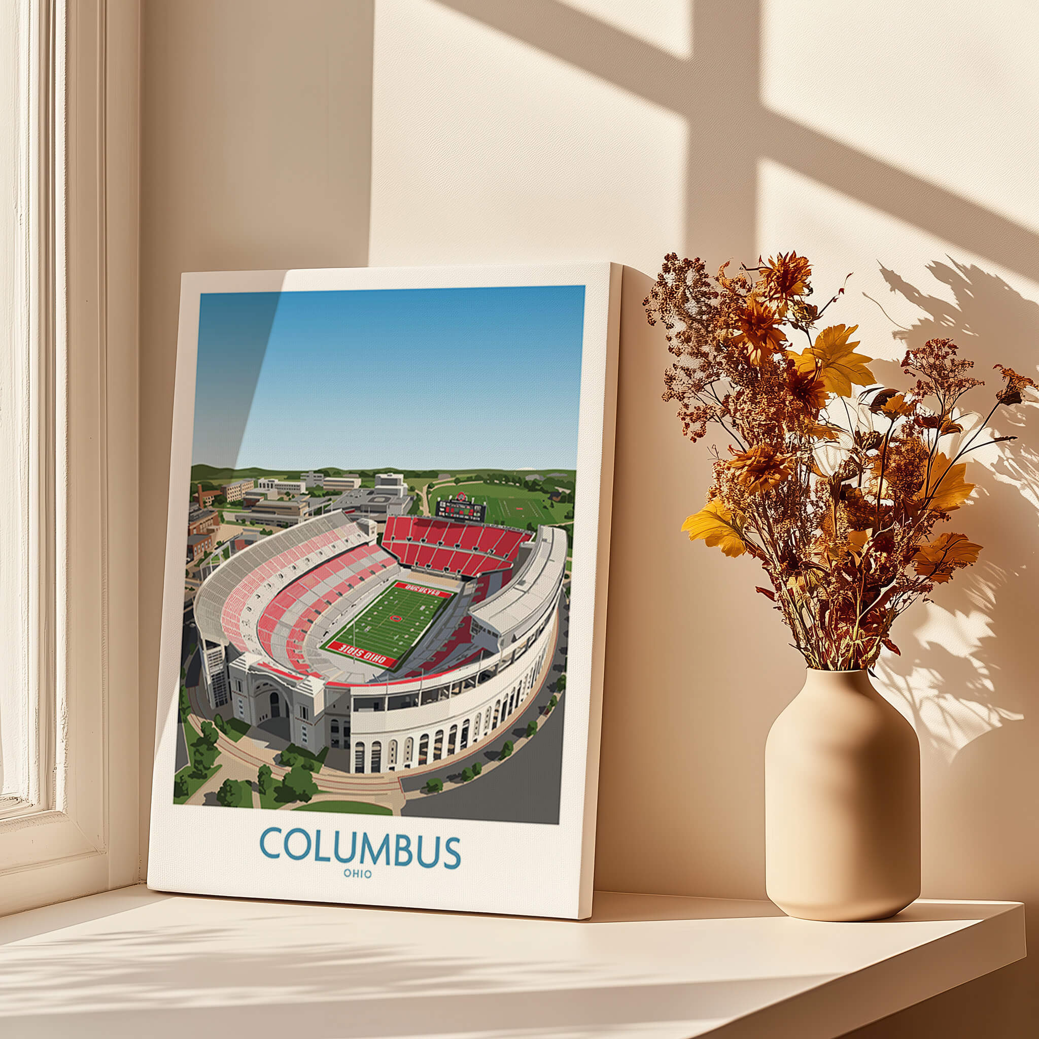 Columbus Ohio Wall Art – Collegiate Football Stadium Sports Decor displayed on a windowsill with flowers.