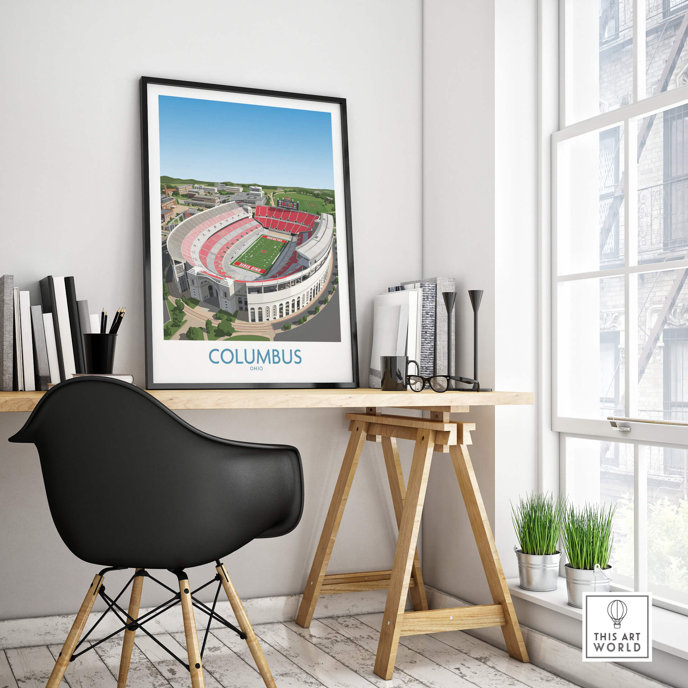 Columbus Ohio Wall Art – Collegiate Football Stadium Sports Decor displayed in a modern interior setting.