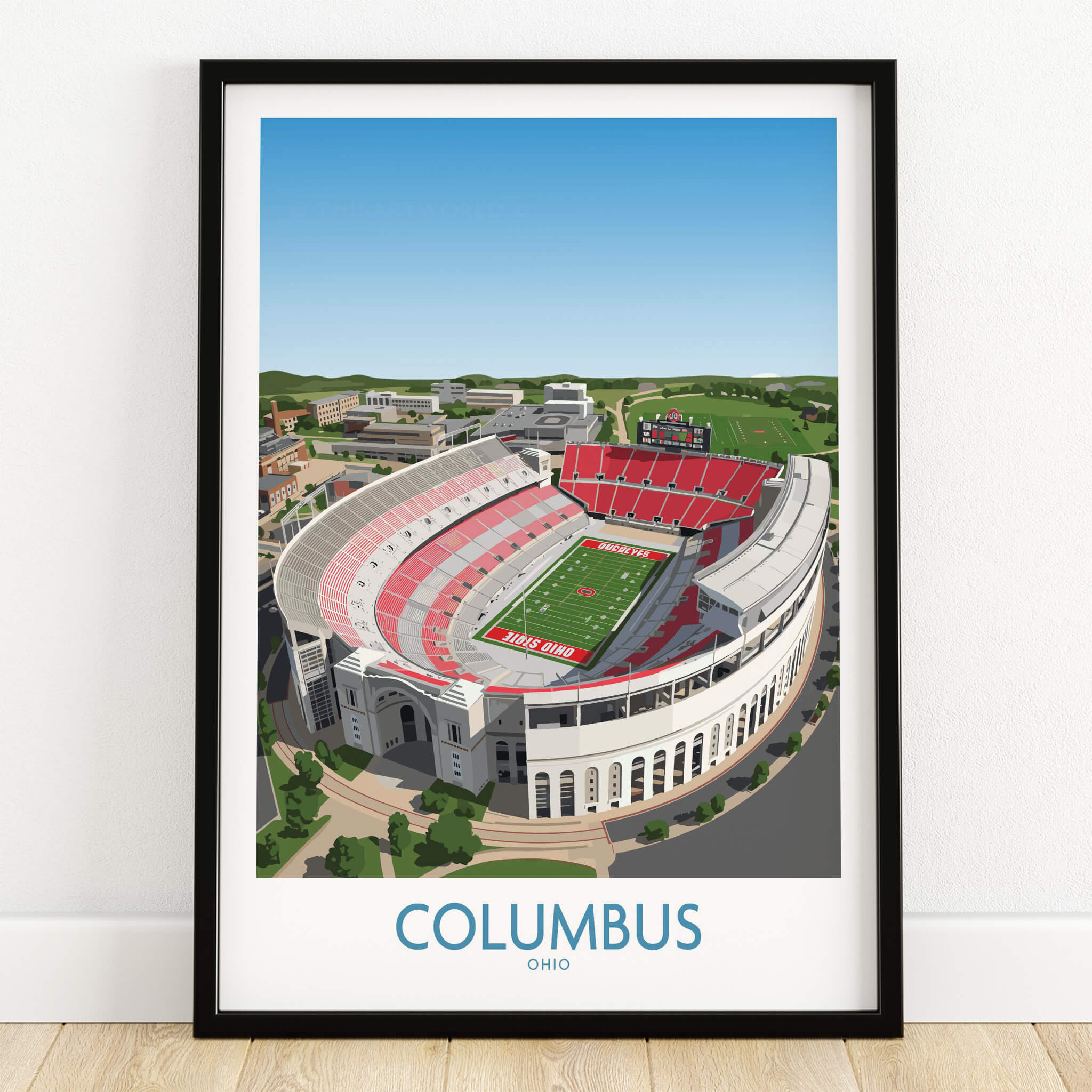 Columbus Ohio Wall Art – Collegiate Football Stadium Sports Decor framed print showcasing an aerial view of the stadium.