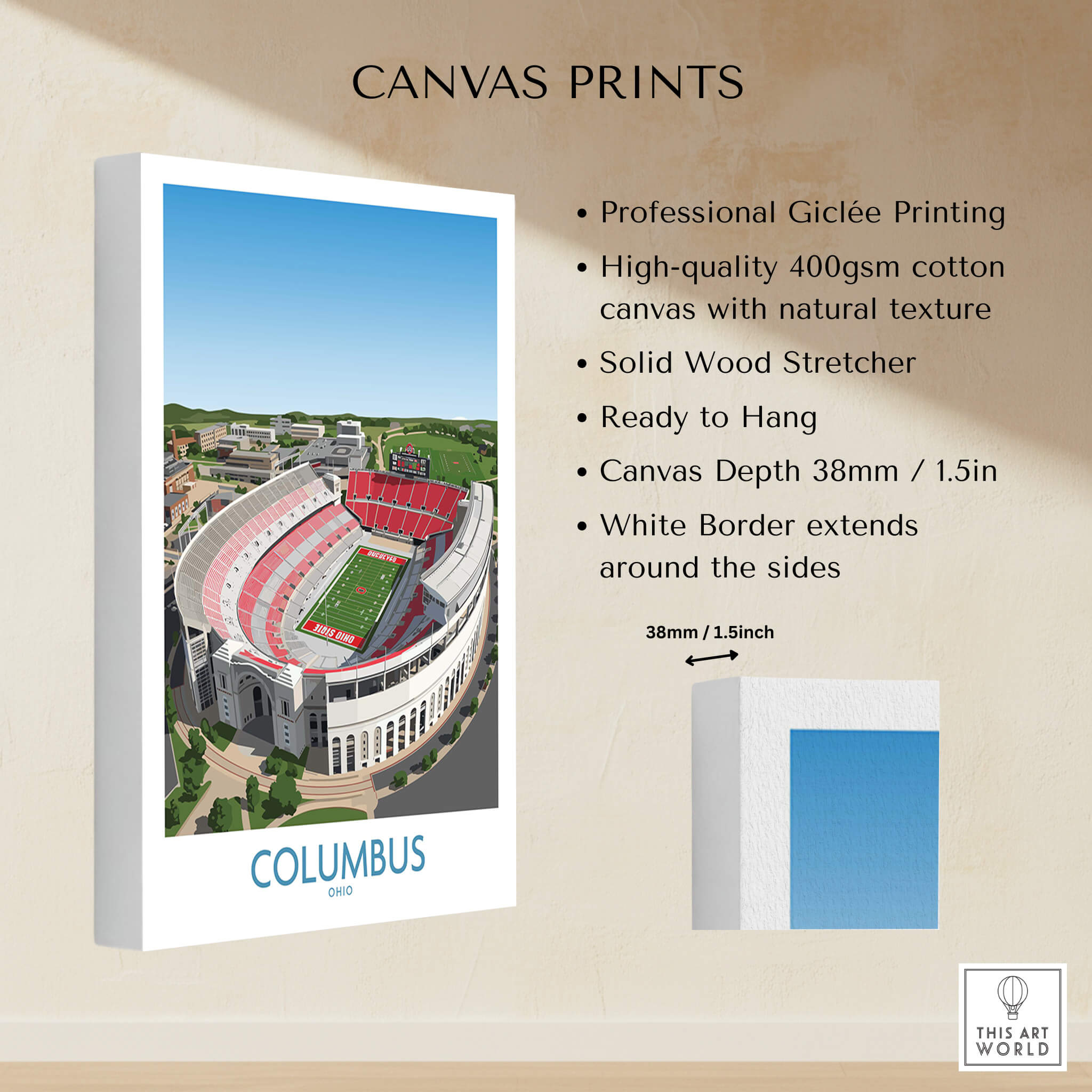 Columbus Ohio Wall Art – Collegiate Football Stadium Sports Decor featuring professional giclée printing and canvas details.
