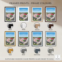 Columbus Ohio Travel Poster – Ohio State Stadium Art Print framed in various colors including black, white, natural, and brown.