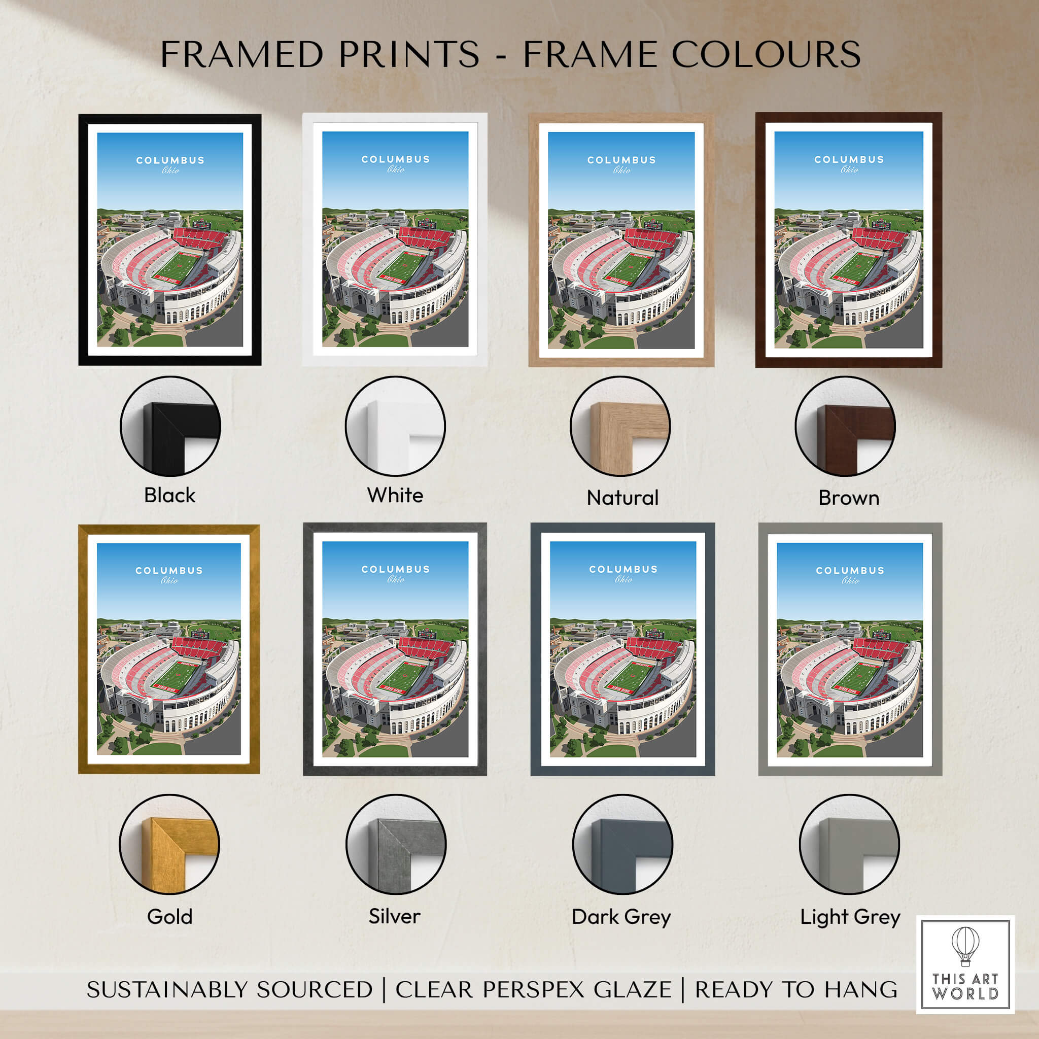 Columbus Ohio Travel Poster – Ohio State Stadium Art Print framed in various colors including black, white, natural, and brown.