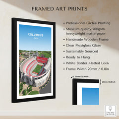 Columbus Ohio Travel Poster – Ohio State Stadium Art Print framed in a professional wooden frame with Plexiglass.