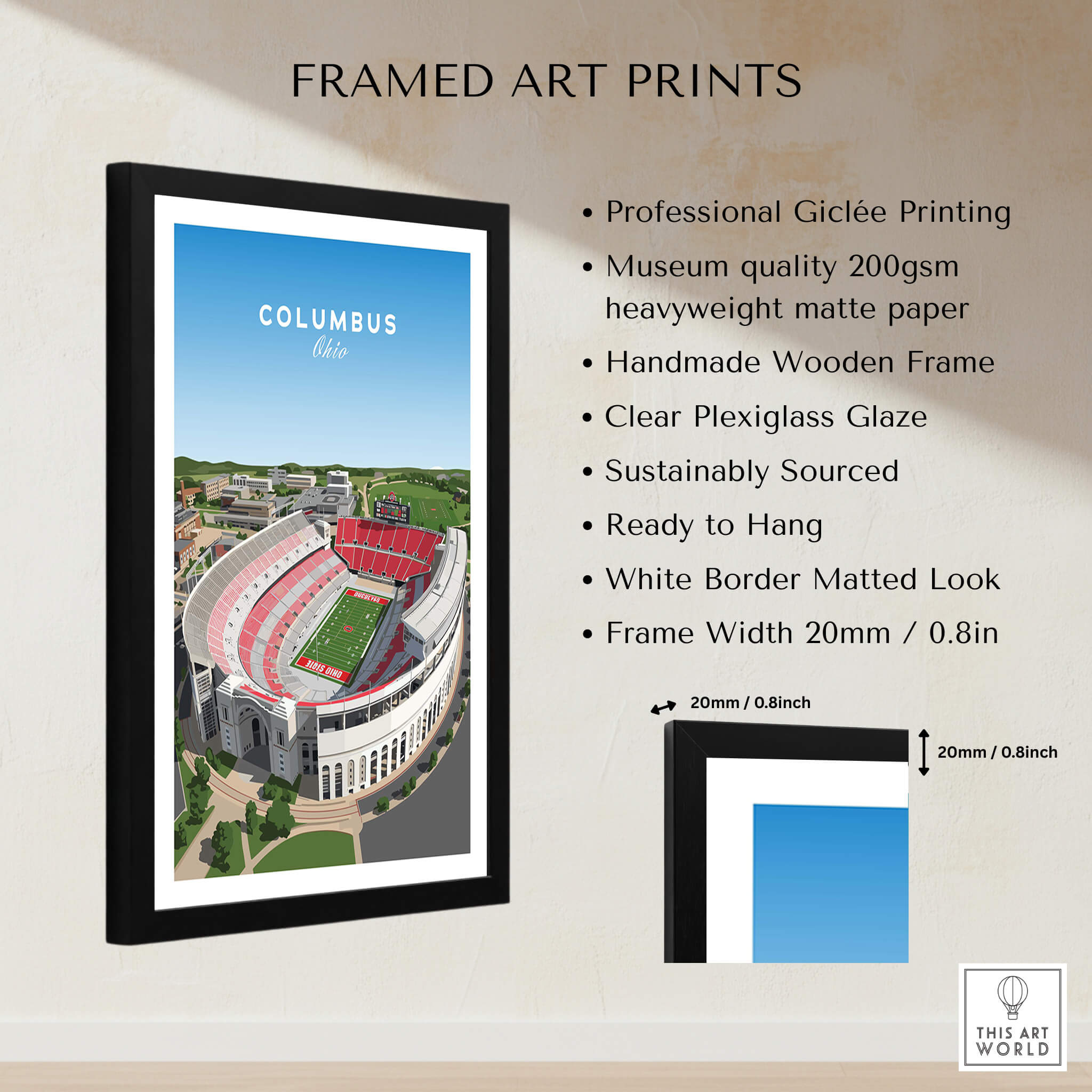 Columbus Ohio Travel Poster – Ohio State Stadium Art Print framed in a professional wooden frame with Plexiglass.
