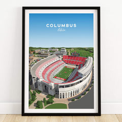 Columbus Ohio Travel Poster – Ohio State Stadium Art Print featuring a vibrant illustration of the Ohio State Stadium.