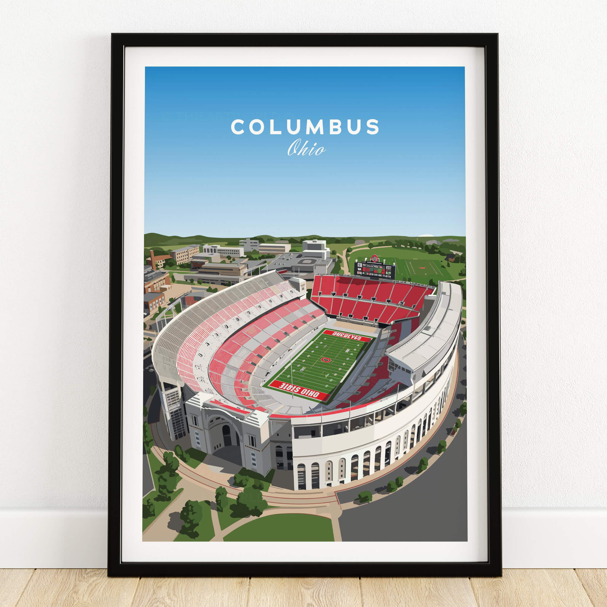 Columbus Ohio Travel Poster – Ohio State Stadium Art Print featuring a vibrant illustration of the Ohio State Stadium.