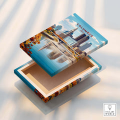 Columbus Ohio Travel Poster – City Skyline displayed on a decorative box featuring vibrant city skyline artwork.