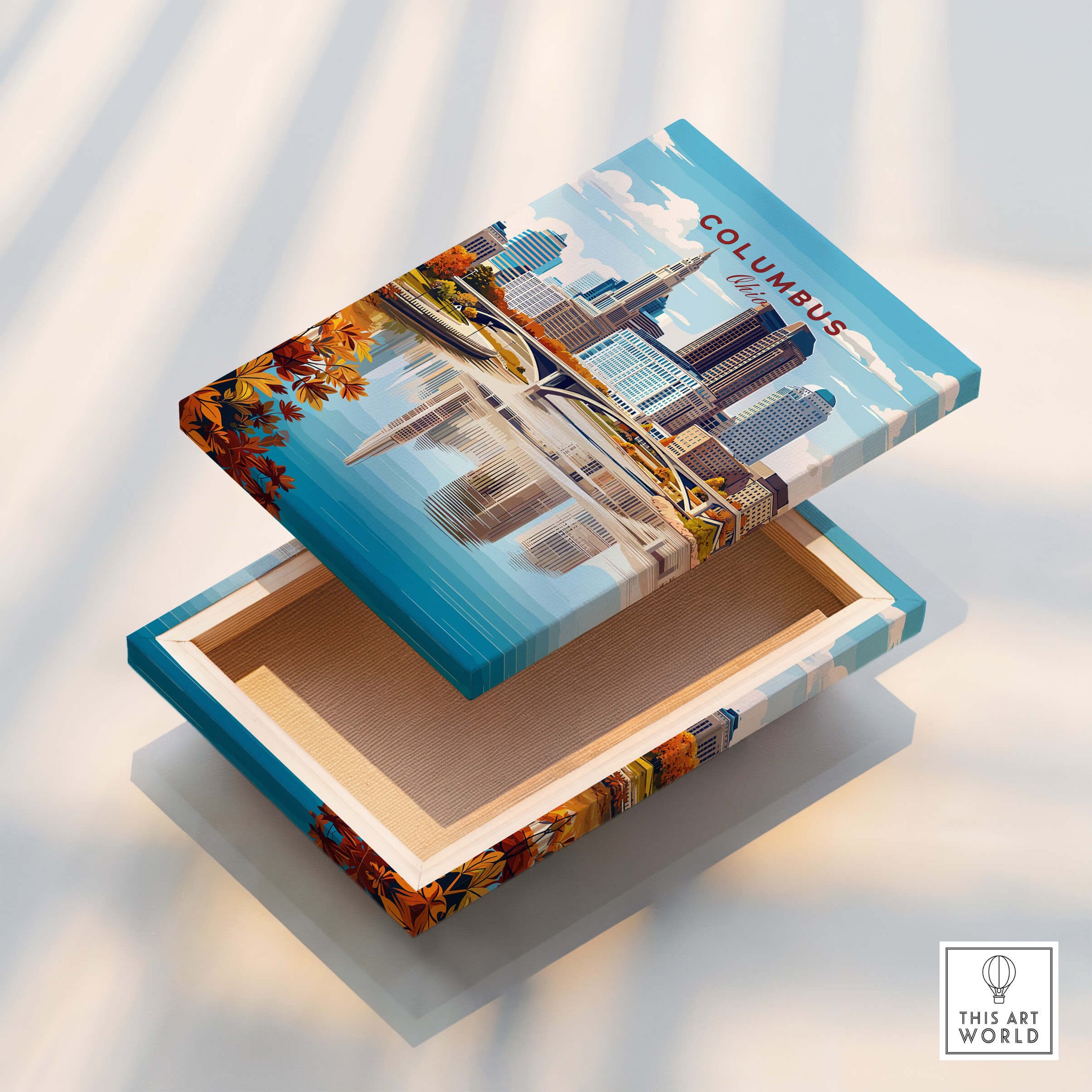 Columbus Ohio Travel Poster – City Skyline displayed on a decorative box featuring vibrant city skyline artwork.