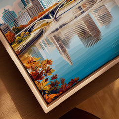 Columbus Ohio Travel Poster – City Skyline featuring a vibrant cityscape with reflection in water.