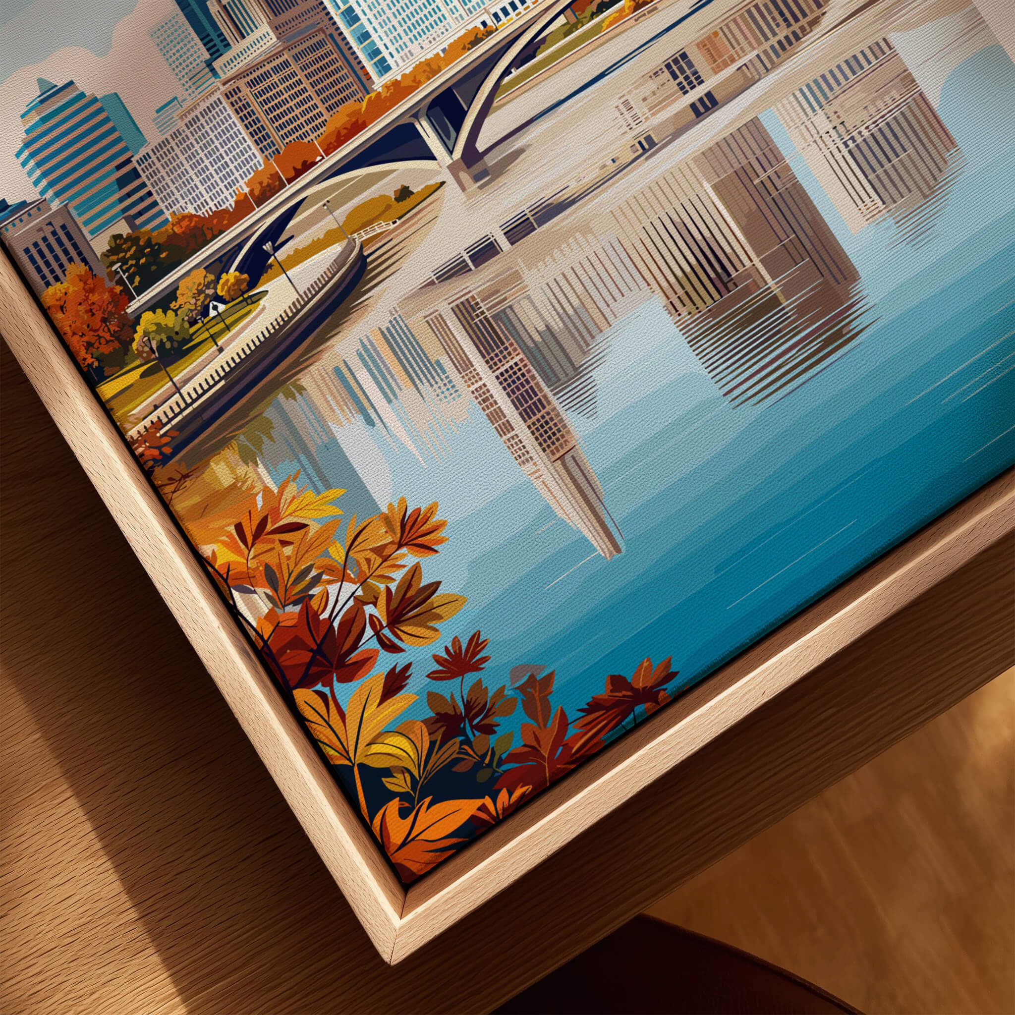 Columbus Ohio Travel Poster – City Skyline featuring a vibrant cityscape with reflection in water.