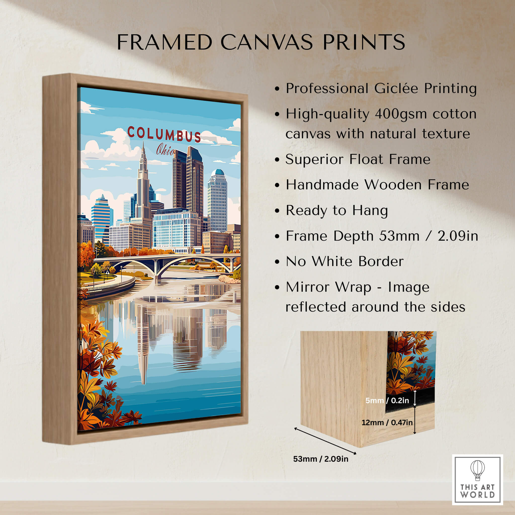 Columbus Ohio Travel Poster – City Skyline framed canvas print showcasing the vibrant architecture of Columbus.