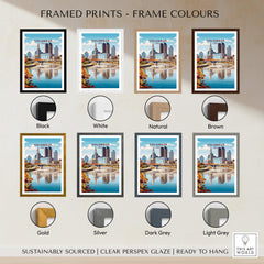 Columbus Ohio Travel Poster – City Skyline framed prints in various colors including black, white, natural, brown, gold, silver, dark grey, and light grey.