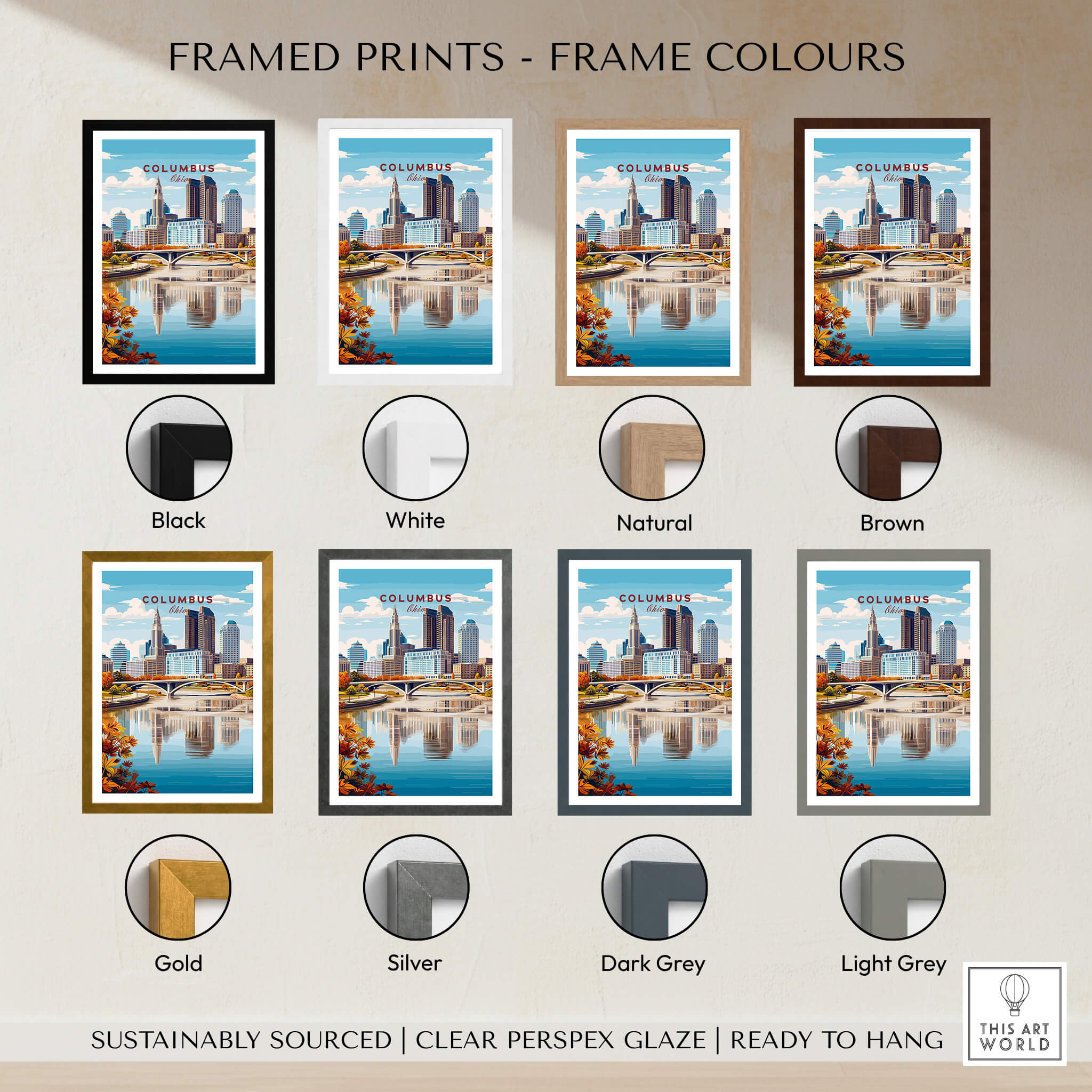 Columbus Ohio Travel Poster – City Skyline framed prints in various colors including black, white, natural, brown, gold, silver, dark grey, and light grey.