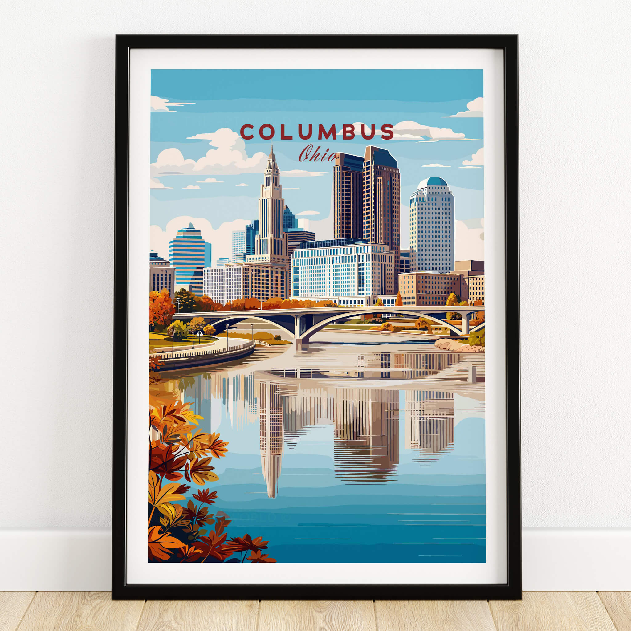 Columbus Ohio Travel Poster – City Skyline featuring the vibrant downtown skyline and river reflections.