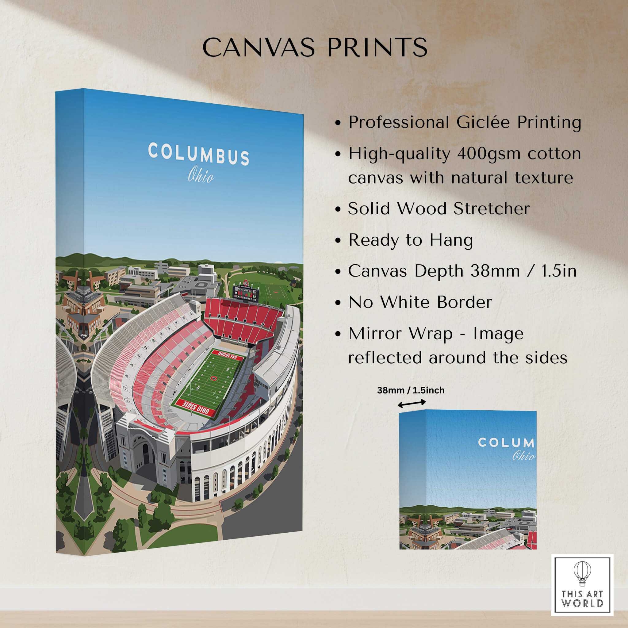 Columbus Ohio Travel Poster – Ohio State Stadium Art Print showcased with canvas features and professional printing details.