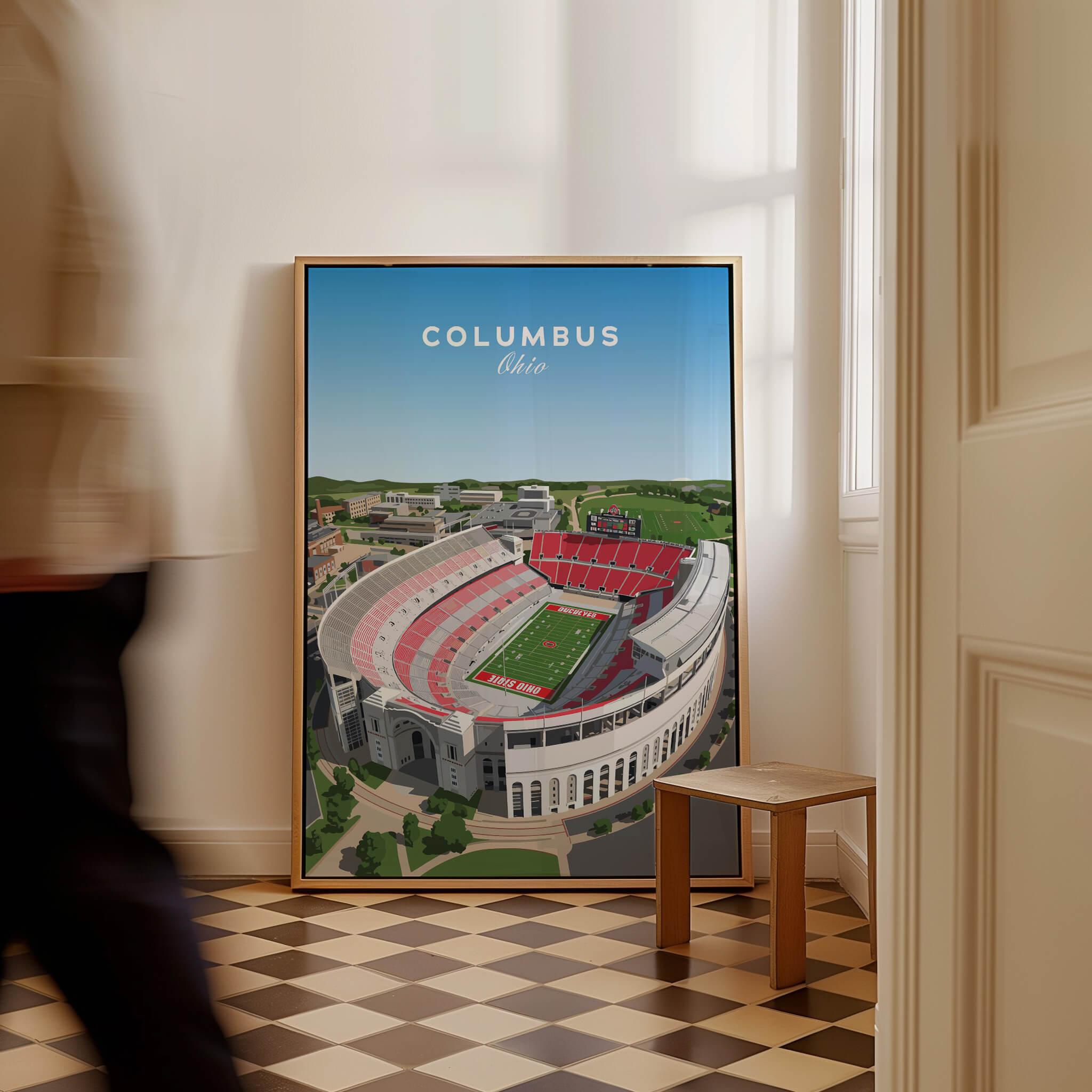 Columbus Ohio Travel Poster – Ohio State Stadium Art Print framed in a stylish room setting.
