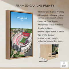 Columbus Ohio Travel Poster – Ohio State Stadium Art Print showcased in a wooden frame with mirror wrap.