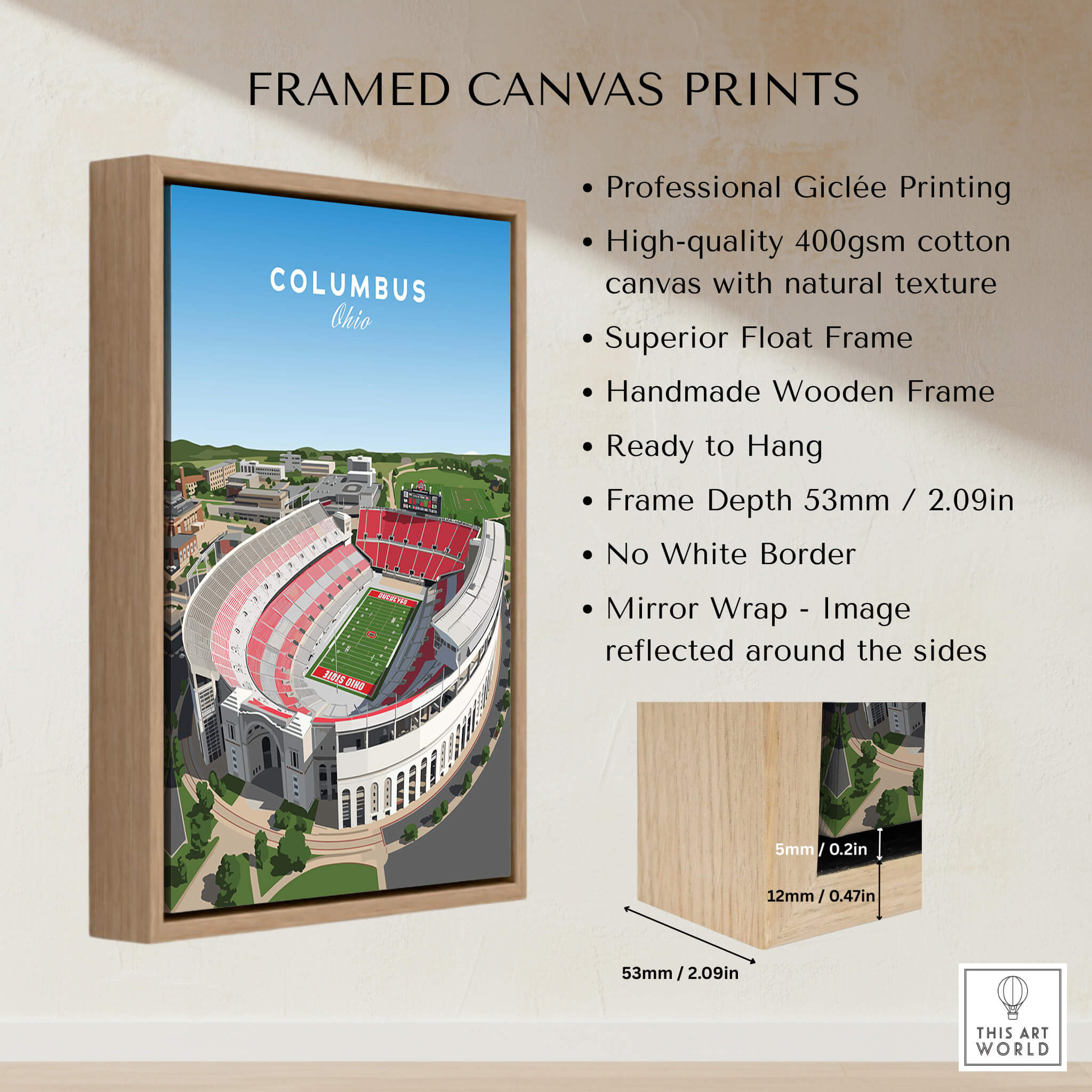 Columbus Ohio Travel Poster – Ohio State Stadium Art Print showcased in a wooden frame with mirror wrap.