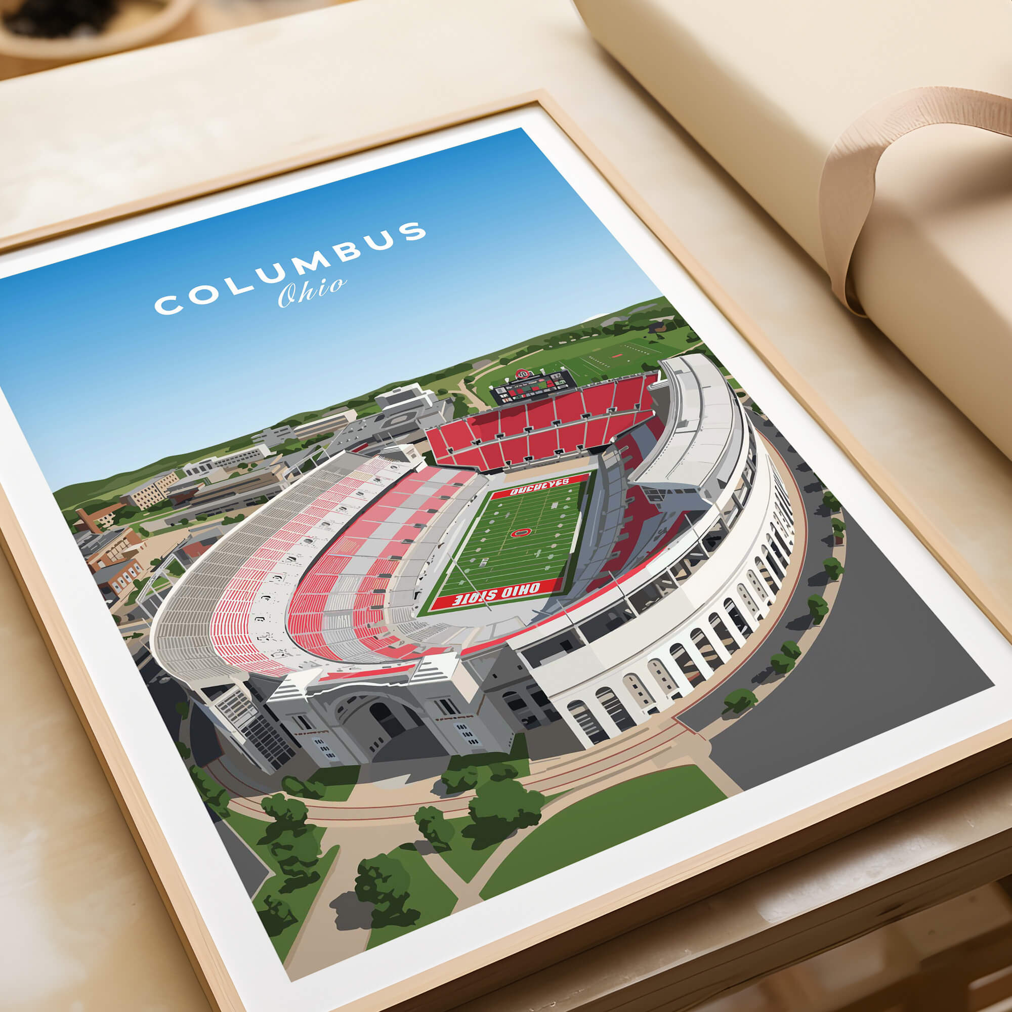 Columbus Ohio Travel Poster – Ohio State Stadium Art Print showcasing a detailed illustration of the iconic stadium.