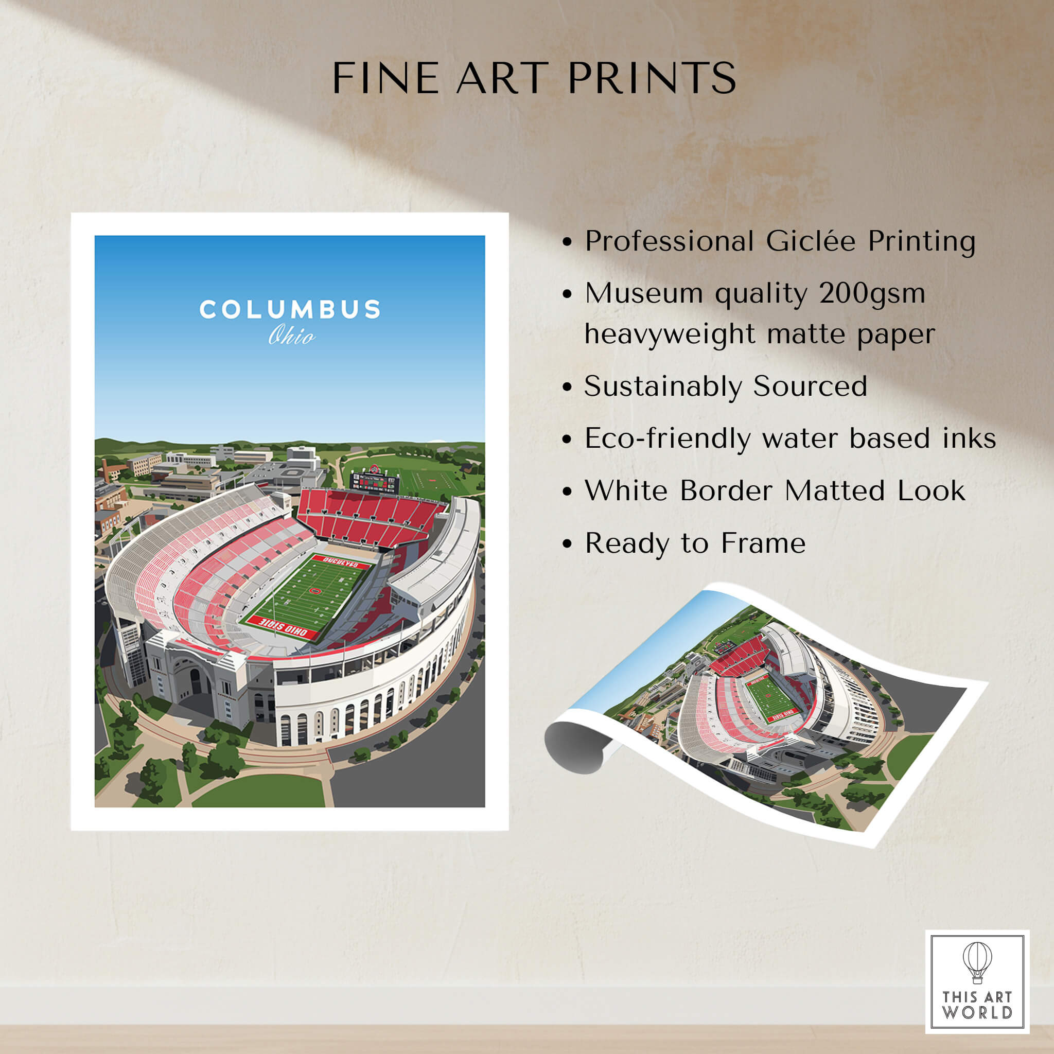 Columbus Ohio Travel Poster – Ohio State Stadium Art Print featuring the iconic stadium and professional giclée printing details.