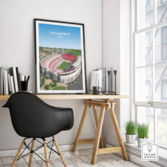 Columbus Ohio Travel Poster – Ohio State Stadium Art Print displayed in a stylish workspace with modern decor.