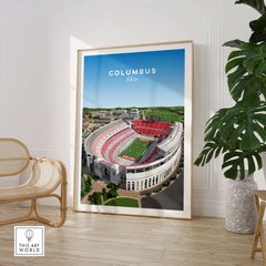 Columbus Ohio Travel Poster – Ohio State Stadium Art Print in a stylish frame, showcasing the iconic stadium design.