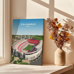 Columbus Ohio Travel Poster – Ohio State Stadium Art Print showcasing the iconic Ohio State Stadium with vibrant colors.