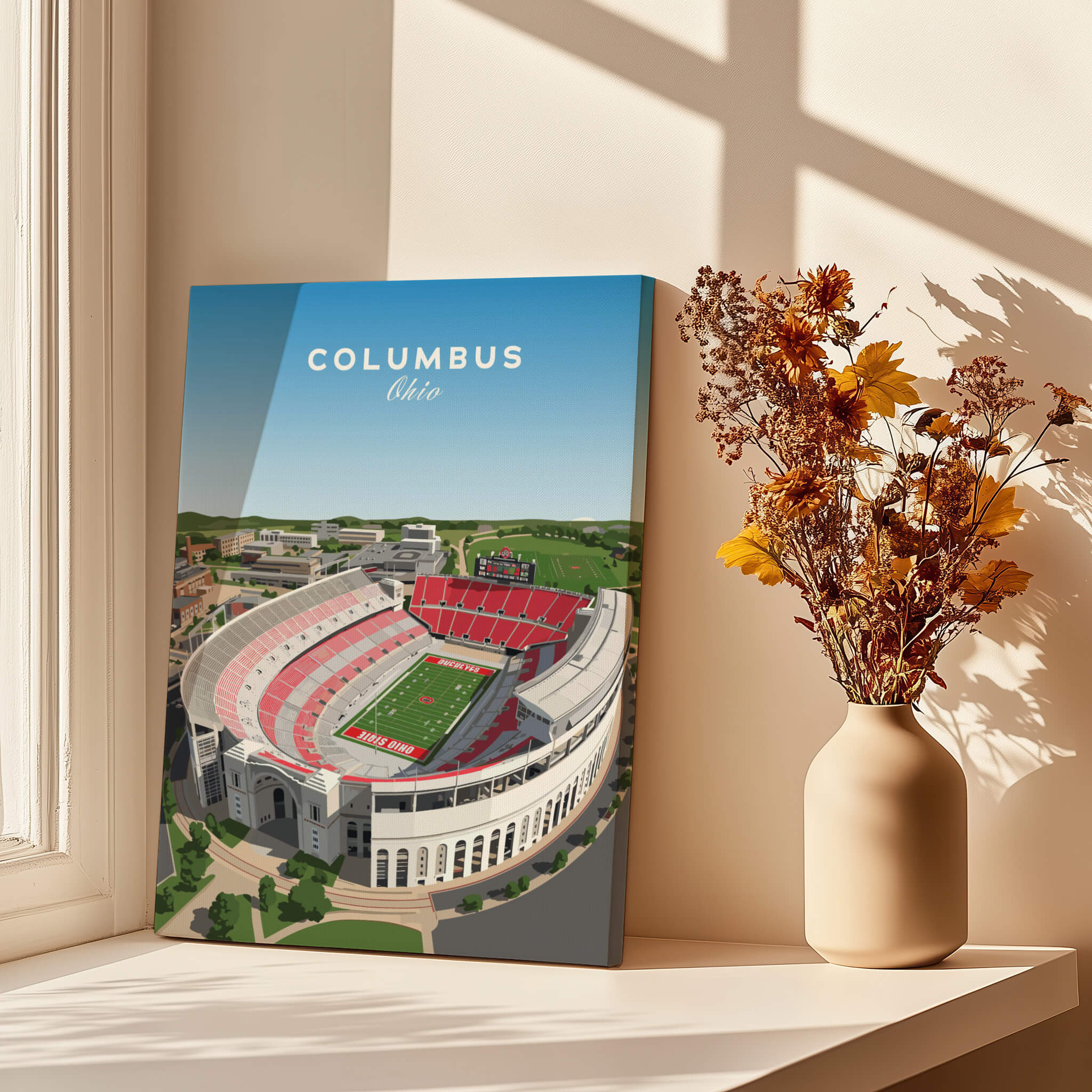 Columbus Ohio Travel Poster – Ohio State Stadium Art Print showcasing the iconic Ohio State Stadium with vibrant colors.